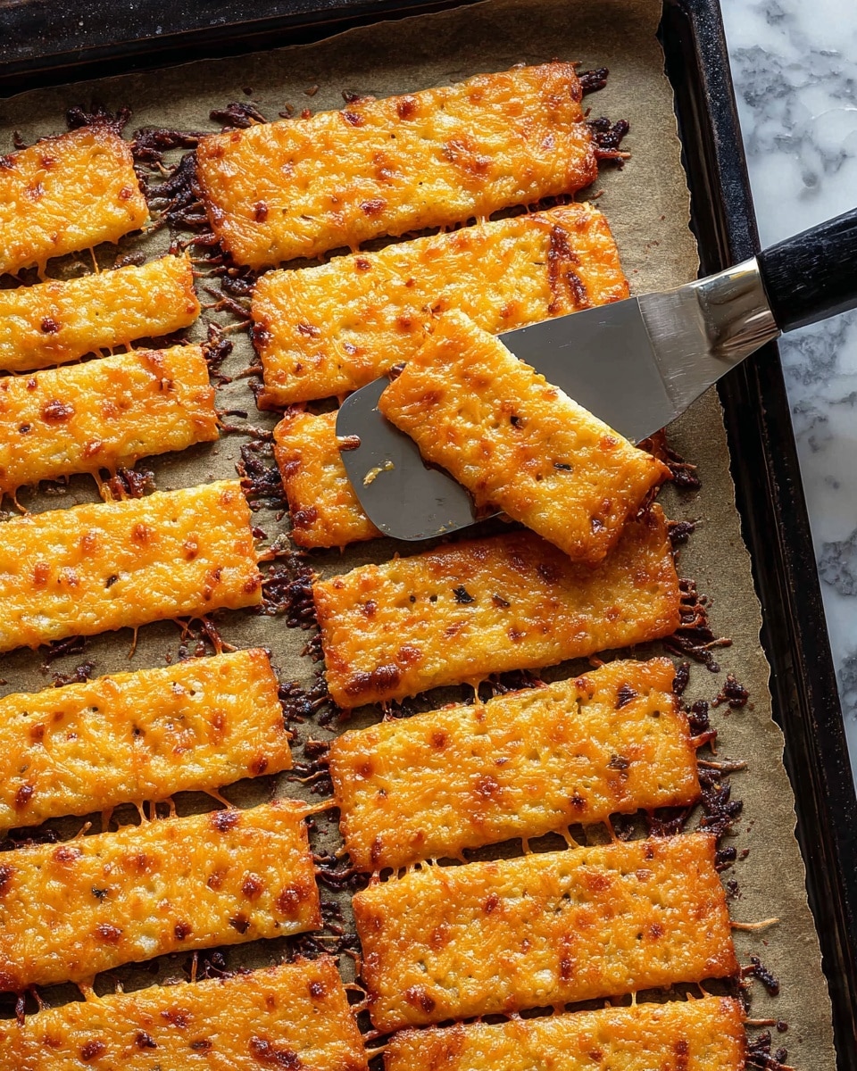 The image shows a baking tray lined with brown parchment paper covered in rows of rectangular cheese crisps. Each crisp has two visible layers: a thin, melted golden-orange cheese top layer with some melted edges, and a bottom layer of slightly browned, crispy cheese with small holes. There are about five rows with six crisps each. A metal spatula holds up three crisps, showing their slightly bubbly, textured surface and crisp edges. The baking tray sits on a white marbled surface. photo taken with an iphone --ar 4:5 --v 7