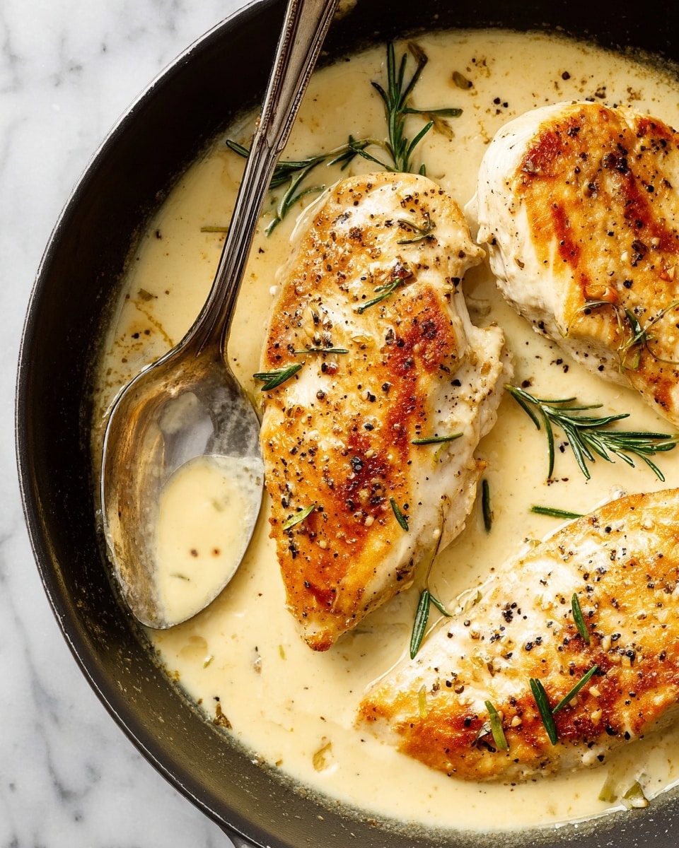 The image shows two golden-brown chicken breasts cooked in a creamy light yellow sauce inside a black pan. The chicken breasts have a slightly crispy, browned texture on top with visible pepper and small green rosemary sprigs scattered over and around them. The creamy sauce surrounds the chicken, showing a smooth and thick texture. A silver spoon rests on the left side of the pan, partially covered in sauce. The scene is set on a white marbled textured surface. photo taken with an iphone --ar 4:5 --v 7