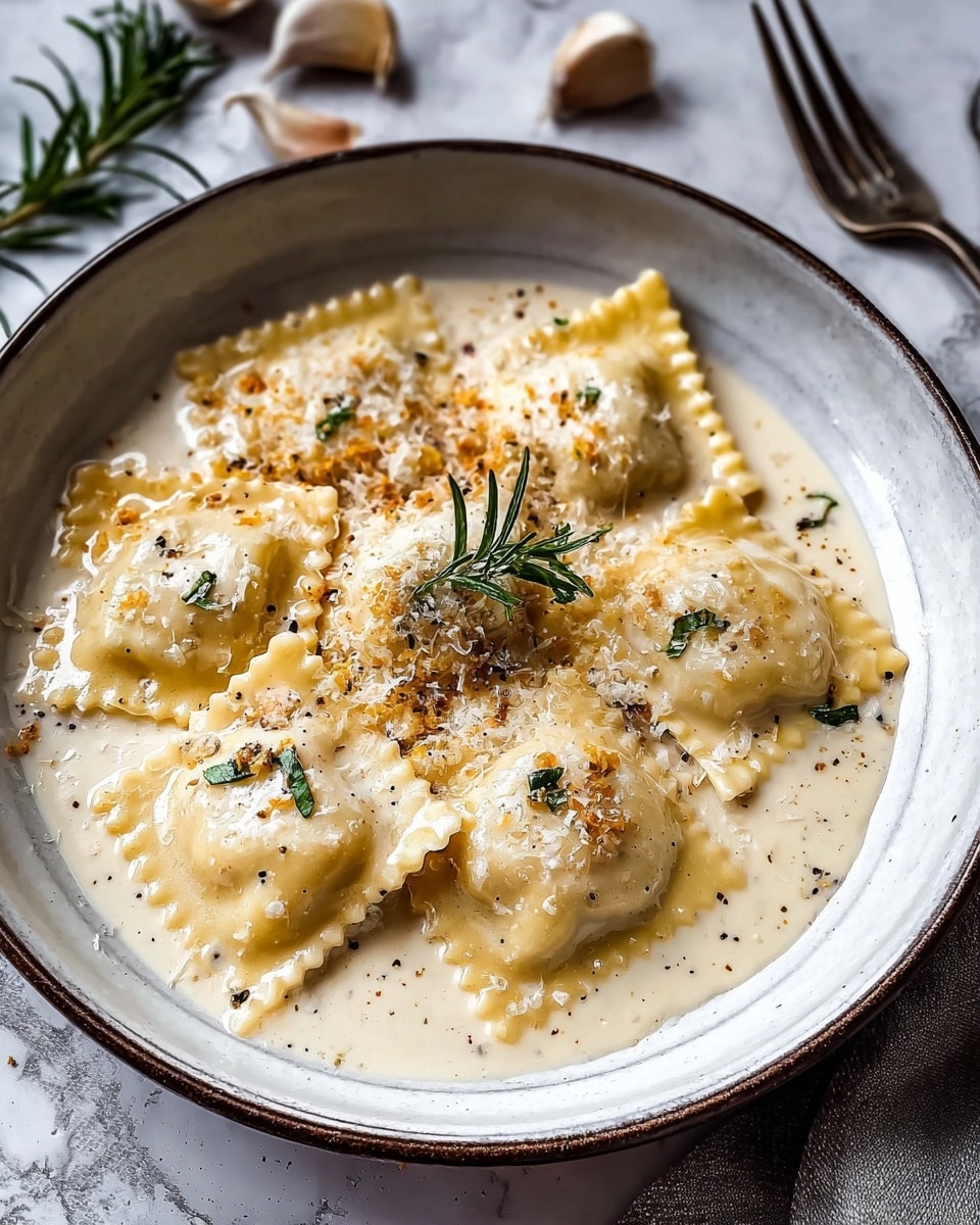 A bowl of seven ravioli pieces arranged in a circle, each with pale beige pasta and ridged edges, lying on top of a thick creamy white sauce with black pepper specks throughout. In the center, there is a small pile of grated cheese and golden toasted crumbs, topped with a fresh green rosemary sprig. The ravioli glisten with sauce and some cheese is sprinkled over them. The bowl is white with a subtle grayish pattern. The background is a white marbled texture. photo taken with an iphone --ar 4:5 --v 7