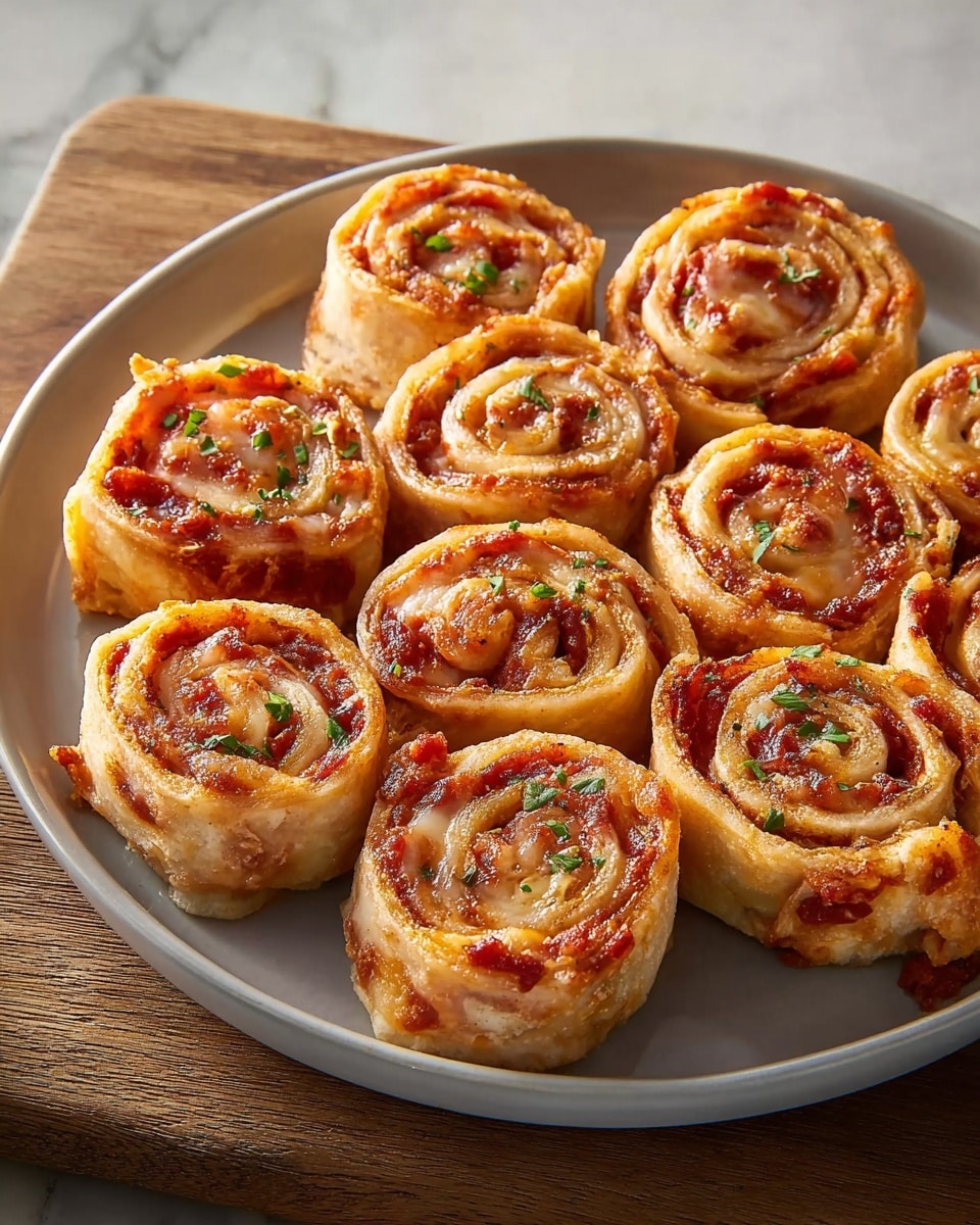 A round white plate holds ten pizza roll-ups arranged closely in a circle on a wooden board with a white marbled surface underneath. Each roll-up has three visible layers: a light golden-brown outer dough layer, a bright red middle layer of tomato sauce, and a melted cheese inner layer with golden brown spots and some small green herb leaves on top for garnish. The edges of the roll-ups show some crispy texture, and the rolls swirl tightly with visible spiral patterns. Photo taken with an iphone --ar 4:5 --v 7
