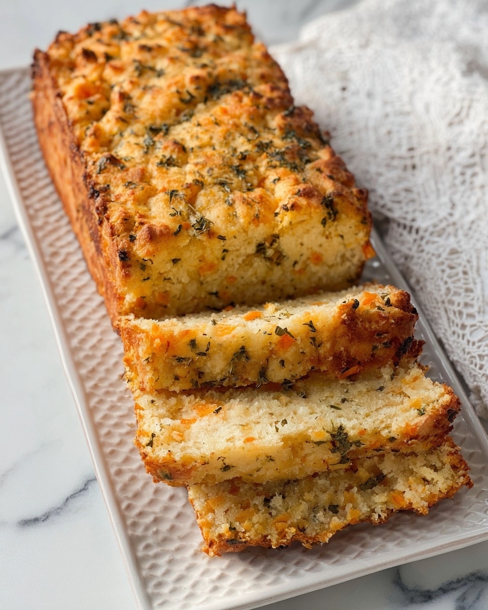 A loaf of cheesy bread with a golden-brown crust speckled with green herbs sits on a white rectangular plate with a textured pattern. The bread is sliced into three pieces, showing a crumbly texture with visible bits of orange cheese inside. The top crust looks crunchy with patches of melted cheese and herbs scattered unevenly over it. The plate rests on a white marbled surface next to a blue-striped cloth and white lace fabric. photo taken with an iphone --ar 4:5 --v 7