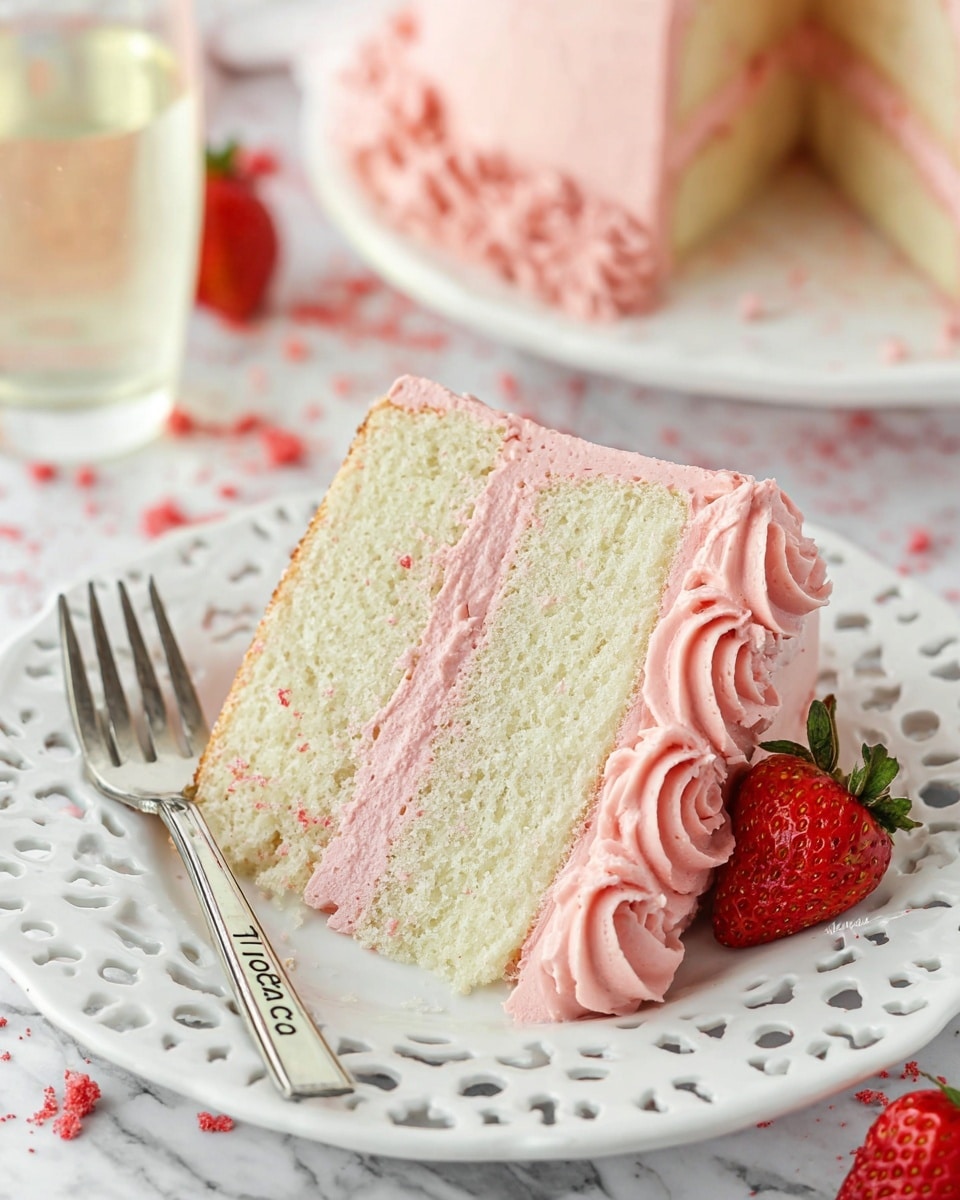 A slice of three-layer vanilla cake is shown on a white plate with a lacy edge. Each layer is pale yellow and soft in texture, separated by a smooth pink frosting, which also covers the top and sides of the slice. On the side, there is a fresh half strawberry with a green stem. A silver fork with “I love cake” engraved rests beside the cake on the plate. The background is a white marbled surface with scattered red crumbs and a slightly blurred second plate of cake and a glass of light liquid visible. Photo taken with an iphone --ar 4:5 --v 7
