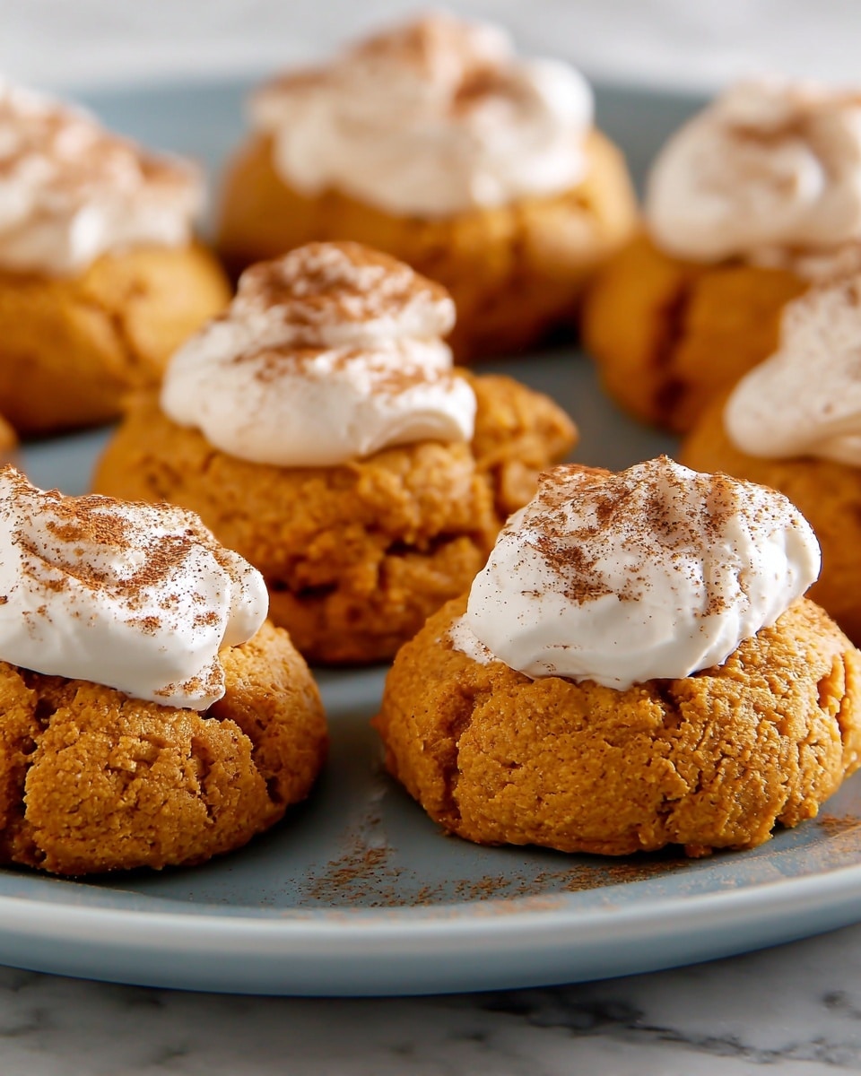 The image shows close-up of soft cookies arranged on a white plate with a white marbled texture below. Each cookie has two layers: a thick, rough-textured brownish-orange base with cracks and a dollop of smooth white frosting on top, sprinkled with light brown powder. The cookies are closely packed, filling the frame with a warm and cozy look. photo taken with an iphone --ar 4:5 --v 7