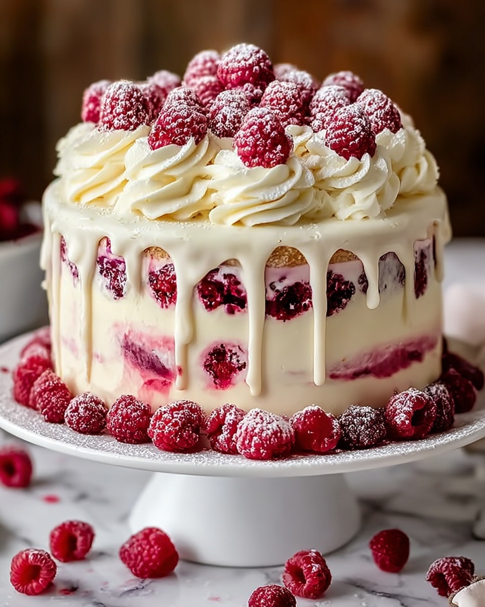 A three-layer cake stands on a white cake stand with powdered sugar scattered around the base. The bottom layer is pale yellow cake mixed with pink cream and bits of raspberry. The middle layer is thick white cream topped with a dense layer of bright red raspberries. The top layer is decorated with white cream swirls, each holding a bright red raspberry dusted with powdered sugar. White chocolate drip sauce flows down from the top edge of the cake in uneven drips. The background is soft and blurred on a white marbled surface. photo taken with an iphone --ar 4:5 --v 7