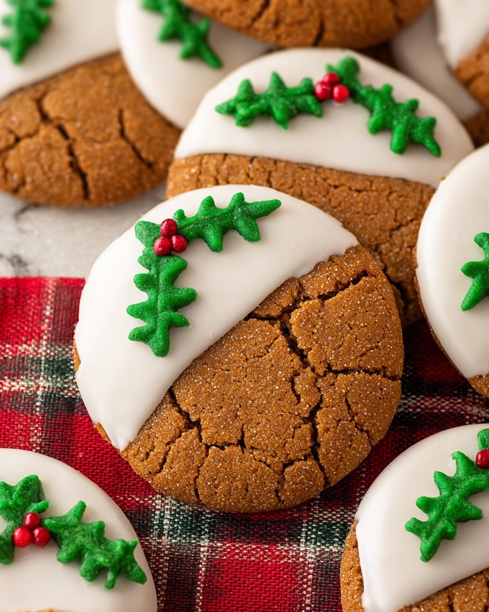 Round ginger cookies are arranged closely on a white marbled surface covered by a red and green plaid cloth. Each cookie is half dipped in smooth white icing that covers one side, showing the textured light brown cracked cookie dough on the other side. On the white icing part, there is green icing shaped like holly leaves and three small red icing dots resembling berries near the center top of the cookie. The cookies overlap each other, showing uniform decoration and rough texture on the exposed cookie dough areas. photo taken with an iphone --ar 4:5 --v 7