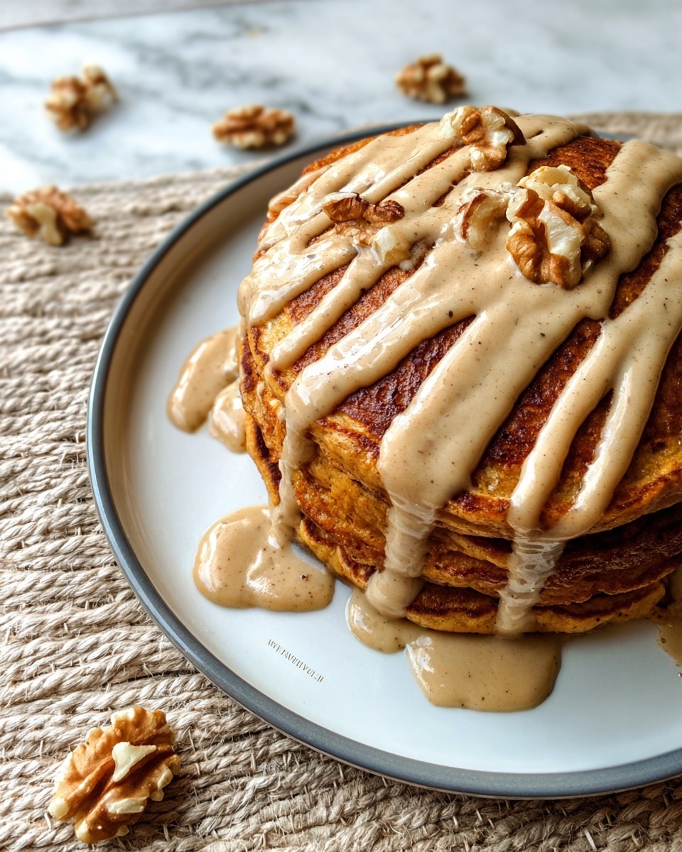 A white plate with a stack of six golden brown pancakes arranged in a circle on a white marbled surface. The pancakes are thick and fluffy, with a smooth and shiny brown surface. A thick beige sauce with specks of cinnamon or spice is drizzled generously over the pancakes in swirling, uneven lines, some sauce pooling slightly around the base. Around the plate, scattered walnut halves rest on the white marbled surface, adding a rustic touch. The plate sits on a beige woven placemat that goes partly out of shot, adding texture to the image. Photo taken with an iphone --ar 4:5 --v 7
