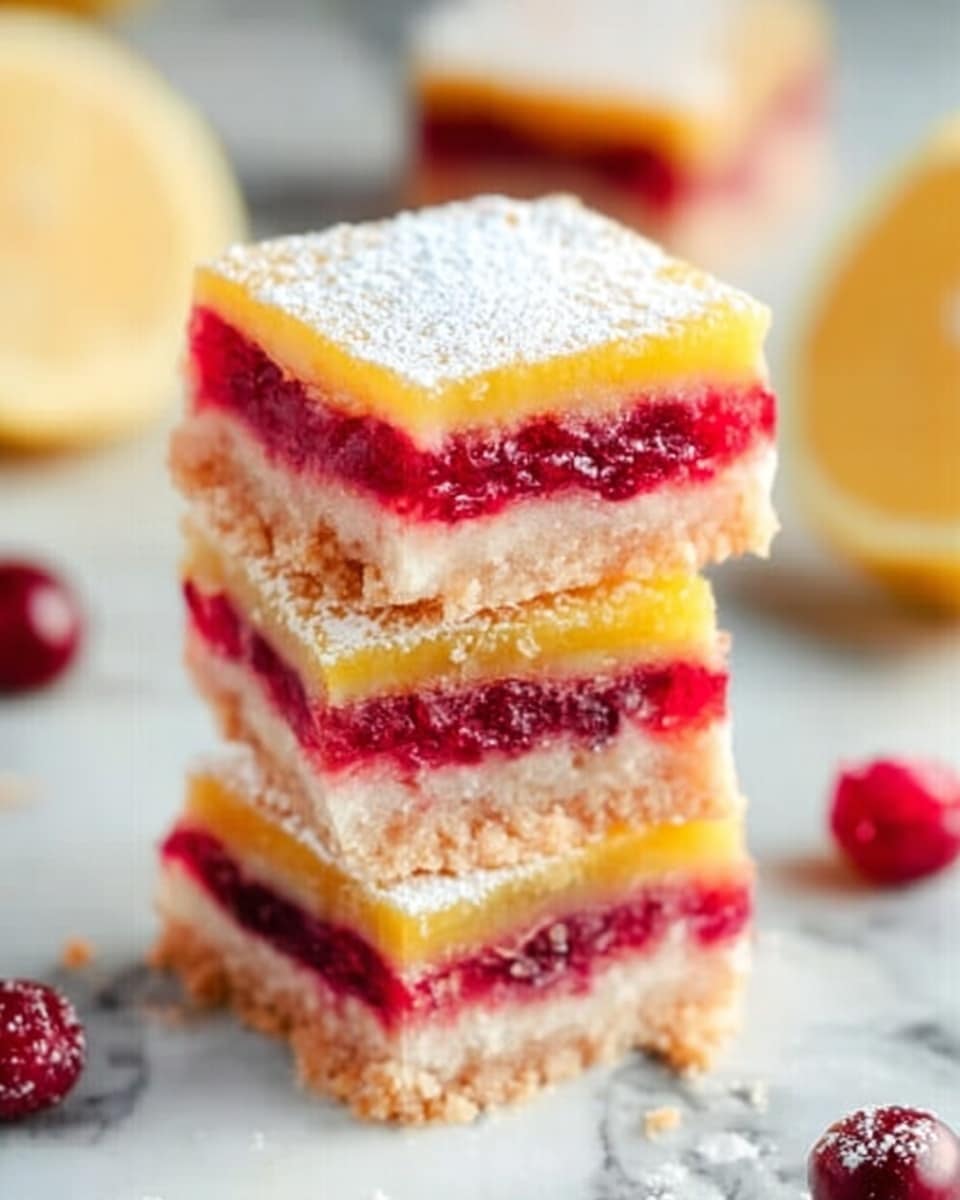 The image shows a stack of three square layered lemon and cherry bars on a white marbled surface. Each bar has three distinct layers: the bottom layer is light golden brown and looks like a crumbly crust, the middle layer is deep red with a jammy, slightly glossy texture, and the top layer is a bright yellow lemon filling covered with a dusting of white powdered sugar. There is a halved lemon placed in the background on the marbled surface and some whole cherries scattered nearby, adding a fresh and colorful touch. Photo taken with an iphone --ar 4:5 --v 7