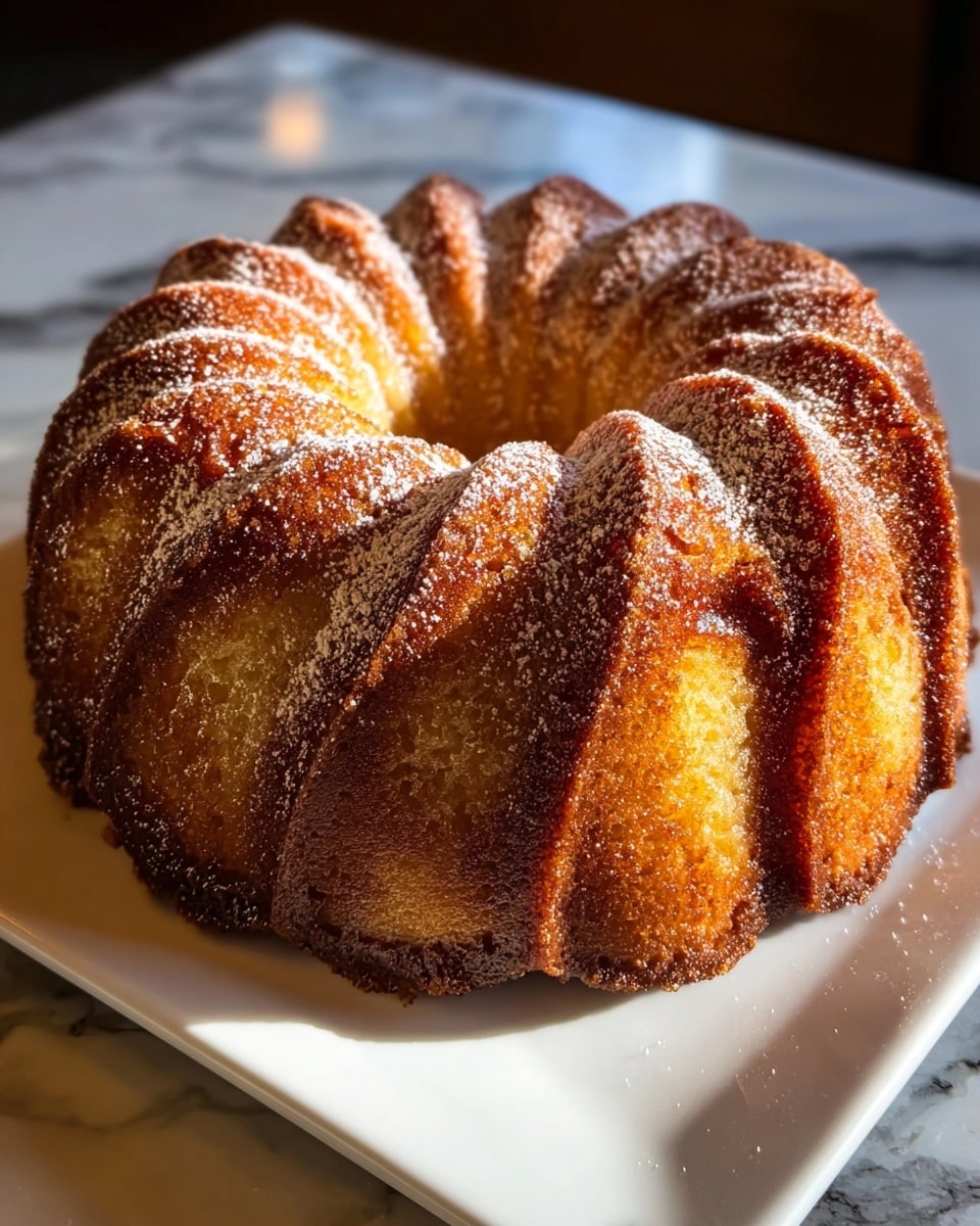 A golden brown bundt cake with deep, curved ridges sits centered on a white square plate. The cake has a slightly darker, toasted crust on the ridges, contrasting with the lighter, soft inner parts of each curve. A light dusting of white powdered sugar is sprinkled evenly over the top, highlighting the cake’s texture. The plate rests on a white marbled textured surface, which adds a clean and elegant background to the warm tones of the cake. photo taken with an iphone --ar 4:5 --v 7