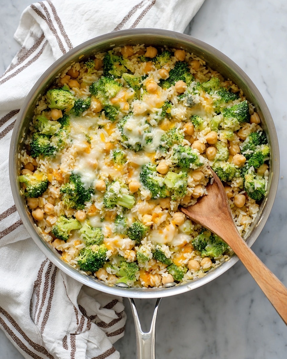 The image shows a large silver pan filled with a mixed dish containing light brown chickpeas, bright green broccoli pieces, and melted cheese that appears in pale yellow and white patches, evenly spread throughout. The dish has a soft and slightly creamy texture with a wooden spoon resting inside the pan, lifting a portion of the mix. The pan is placed on a white marbled surface next to a white and gray checked cloth. Photo taken with an iphone --ar 4:5 --v 7