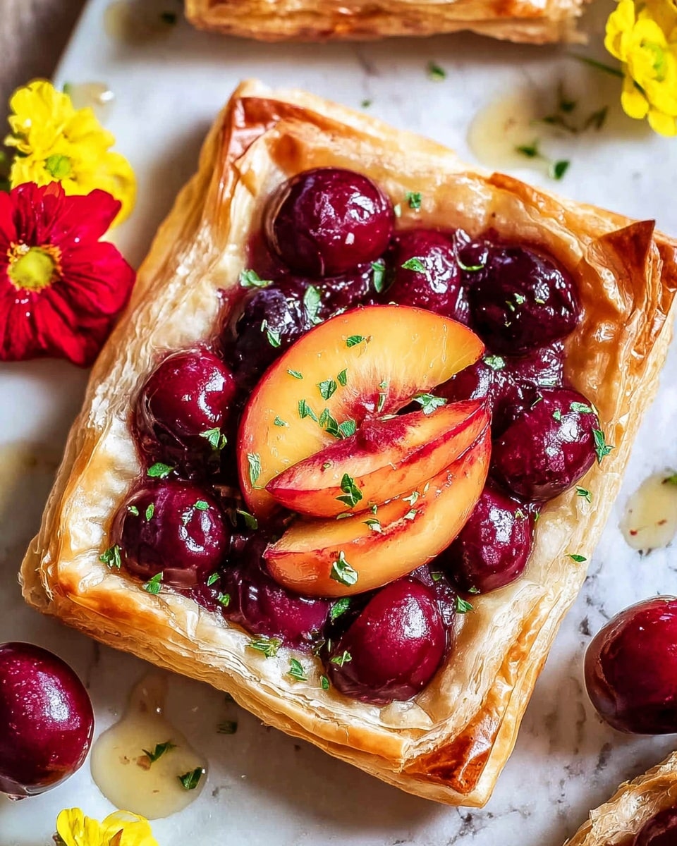 A square pastry tart with a golden, flaky crust forms the base. On top is a layer of deep red cherries, glossy and slightly cooked, closely packed to cover almost the entire surface. Two slices of peach with a soft orange-pink color rest in the middle of the cherry layer, adding contrast. Small green herb pieces are scattered on top for a fresh touch. The tart is placed on a white marbled surface with drops of a syrupy glaze around it, and parts of bright yellow and red flowers are visible in the background. Photo taken with an iphone --ar 4:5 --v 7