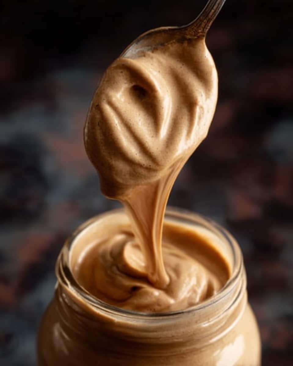 The image shows a close-up of a creamy, light brown whipped coffee being poured from a spoon into a glass jar. The whipped coffee has a smooth and fluffy texture with visible swirls on the surface, creating a thick and rich appearance. The background is blurred with dark colors, putting focus on the glossy coffee foam. photo taken with an iphone --ar 4:5 --v 7