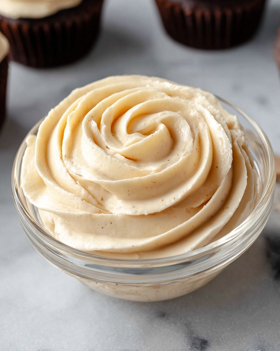 A clear glass bowl filled with a smooth, creamy swirl of light beige frosting that forms multiple soft, thick layers spiraling inward to a peak at the center. The texture looks silky and fluffy with gentle ridges from piping. The bowl sits on a white marbled surface, and dark chocolate cupcakes with white frosting are blurred in the background. photo taken with an iphone --ar 4:5 --v 7