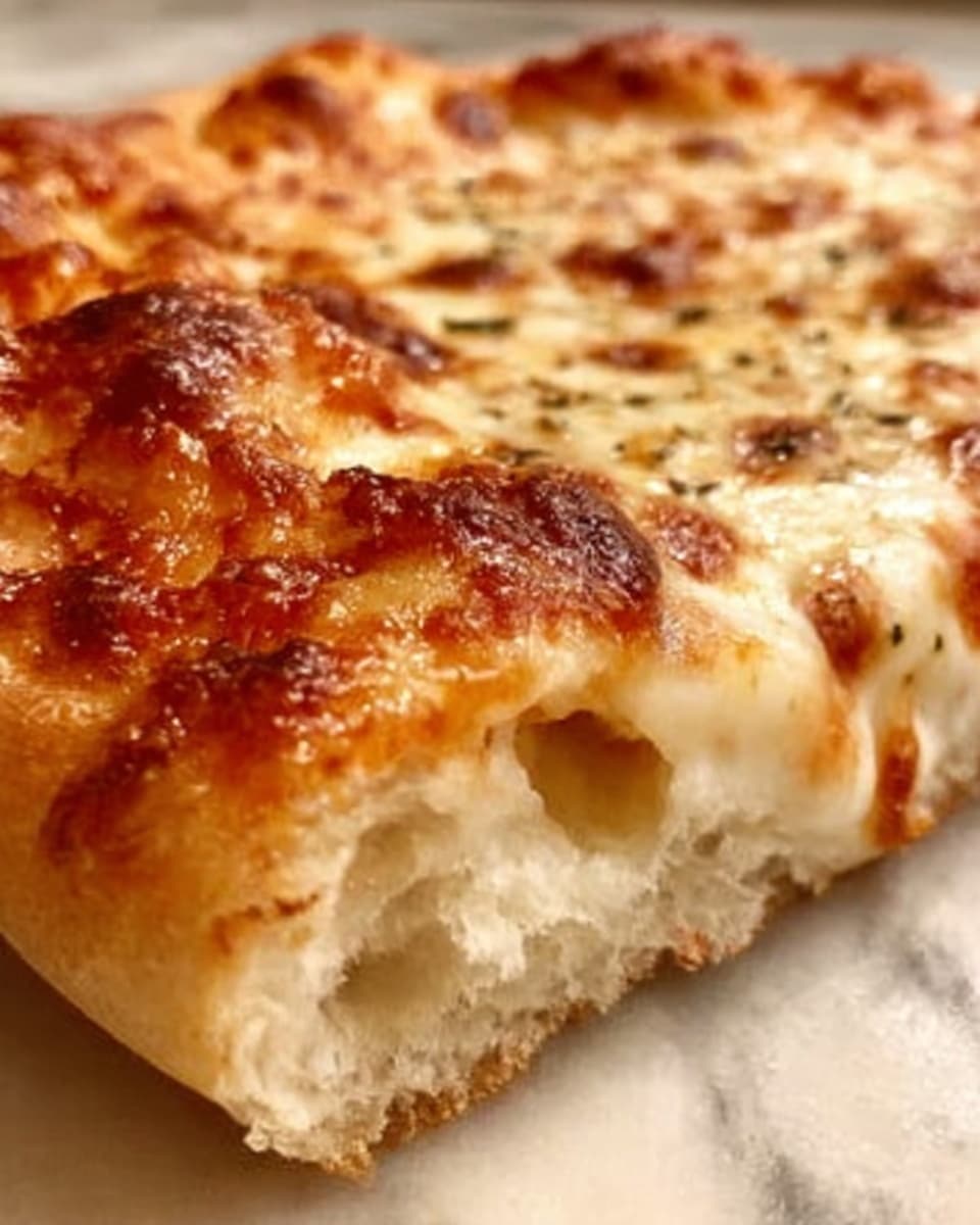 A close-up view of a slice of cheesy pizza showing three layers: a golden-brown crust at the bottom with a slightly rough texture, a thick layer of melted white cheese in the middle that looks soft and gooey, and a top layer of browned cheese with bubbly, slightly crispy spots giving it a rich, textured look. The photo is focused on the edge of the pizza slice resting on a white marbled surface. Photo taken with an iphone --ar 4:5 --v 7