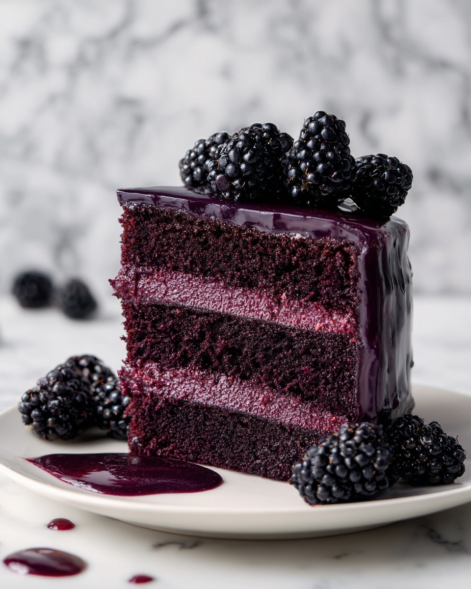 The image shows a slice of six-layer dark purple cake on a white plate. Each layer is separated by a thick, smooth, dark purple filling that looks glossy and shiny. The top of the cake is covered with a thick, shiny dark purple glaze. On top, several blackberries are placed neatly. Around the plate, a few blackberries are scattered, and there are some dark purple smudges of filling. The background is a white marbled texture. The photo is taken with an iphone --ar 4:5 --v 7