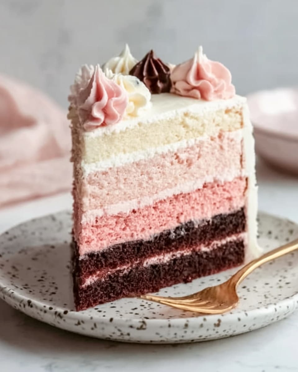 A white plate with speckles holds a slice of four-layer cake. The bottom and third layers are dark chocolate with a soft, moist texture. Between them, the second layer is light pink, smooth and creamy. The fourth layer at the top is white cream, fluffy and thick. The cake is covered in pale pink icing on the sides, smooth and evenly spread. The top is decorated with swirls of pink and white cream, plus small dark chocolate dollops. A silver fork lies beside the cake on the plate. The surface below is white with a marble pattern. Photo taken with an iphone --ar 4:5 --v 7