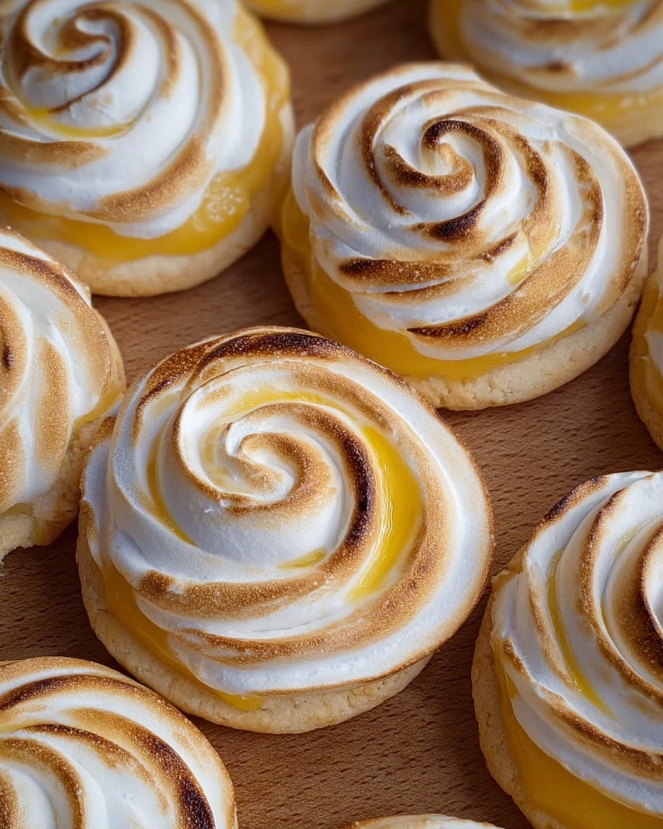 A close-up view of seven round lemon meringue tarts arranged on a wooden board, each tart showing two layers: the base is a light golden, slightly crumbly tart crust, topped with a thick swirl of toasted white meringue with golden brown spots and streaks. Inside the meringue swirls, there are glossy bright yellow spots of lemon curd peeking through, adding contrast and shine. The edges of the meringue have subtle peaks and gentle browning from toasting, making each tart look soft but slightly crisp on top. photo taken with an iphone --ar 4:5 --v 7