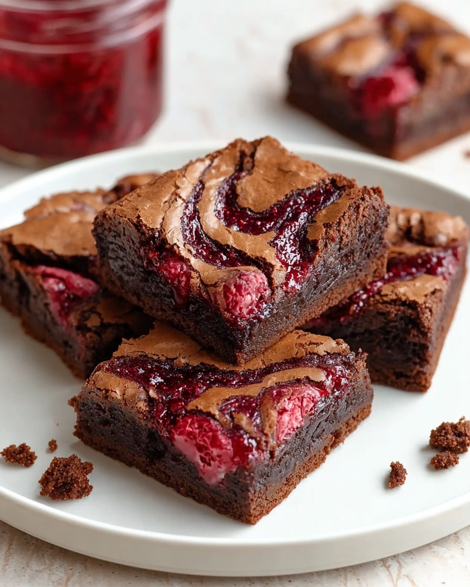 Three thick square brownies sit on a white plate over a white marbled texture surface. Each brownie has a cracked, shiny top layer in dark brown with swirling patterns of deep red jam mixed throughout, creating a marbled effect. The brownies are moist and dense, with crumbs scattered lightly on the plate. In the background, part of a white cup and a jar of red jam are visible, both placed on the white marbled texture surface. photo taken with an iphone --ar 4:5 --v 7
