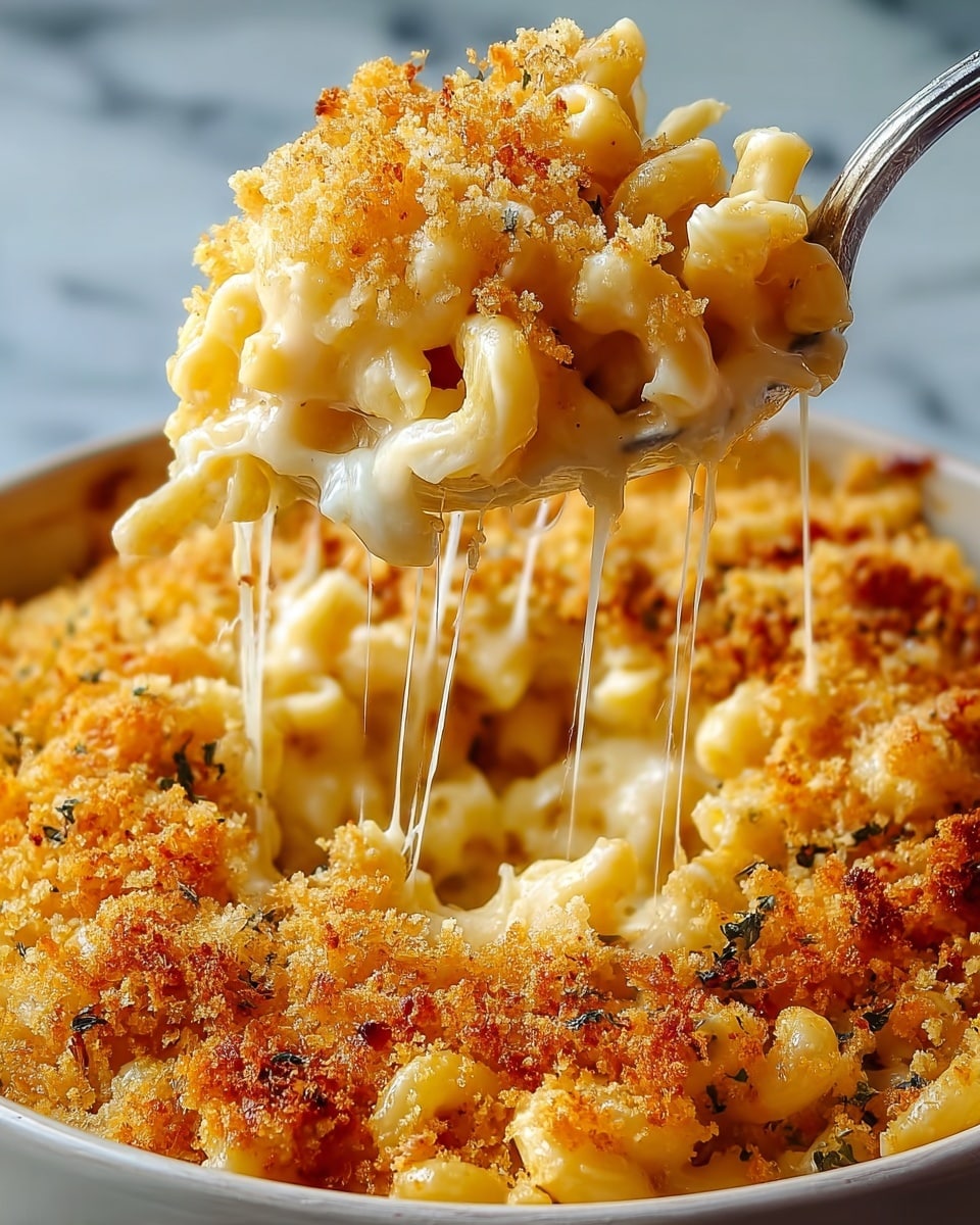 A close-up view of creamy macaroni and cheese in a white round dish, showing three layers: the bottom layer has pasta in smooth yellow cheese sauce, the middle layer is gooey melting cheese with stretchy strings, and the top layer is a golden brown crispy breadcrumb crust with a textured, crunchy look. A silver spoon lifts a scoop from the dish, carrying a portion with pasta tubes covered in thick melted cheese and crispy crumbs above the hole left in the center of the dish. The background is a white marbled texture. Photo taken with an iphone --ar 4:5 --v 7