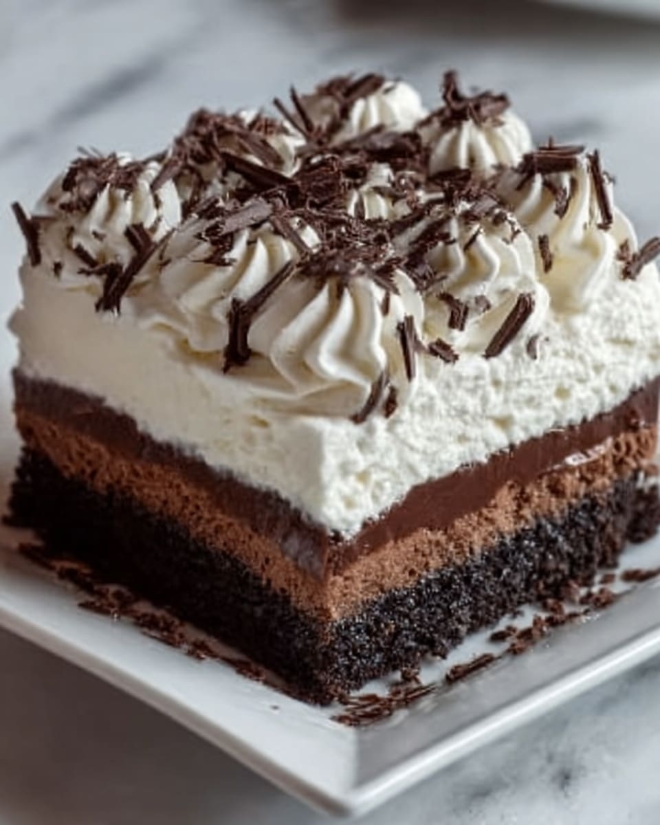 A close-up view of a square piece of layered dessert sitting on a white square plate on a white marbled surface. The dessert has four layers: a bottom layer of dark, moist chocolate cake, followed by a thick white creamy layer, then a smooth dark chocolate layer, and topped with swirls of white whipped cream. Dark chocolate shavings are scattered over the whipped cream and around the plate, adding texture and decoration. The background is softly blurred, focusing on the rich details of the dessert. photo taken with an iphone --ar 4:5 --v 7