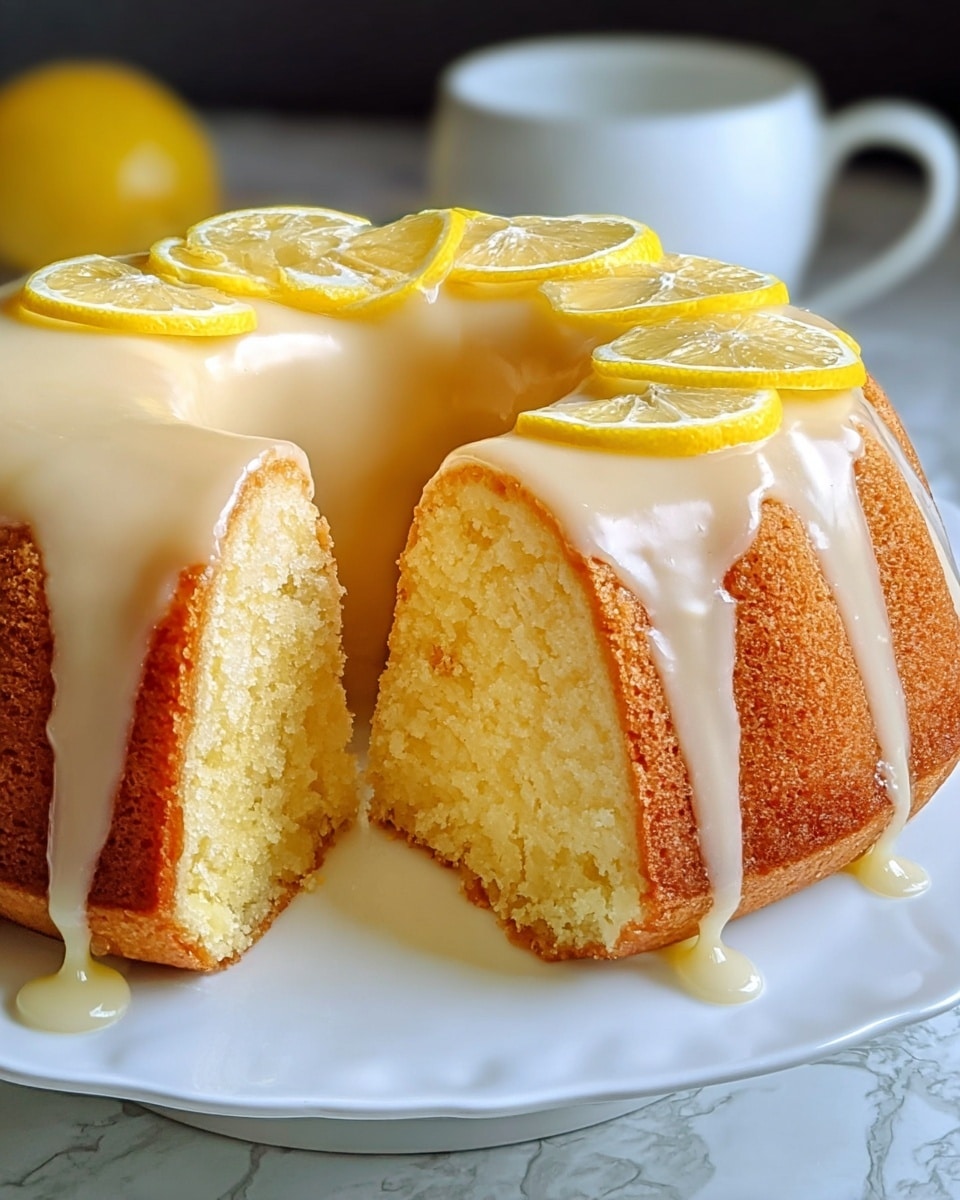 A bundt cake with one large slice removed to show its soft, light yellow inside. The cake has one thick layer with a golden brown outside and a smooth, shiny light beige glaze dripping down from the top edge. On top of the cake, there are three thin lemon slices placed in a line. The cake sits on a white plate with a simple edge, placed on a white marbled texture. In the blurred background, a white pitcher is visible. Photo taken with an iphone --ar 4:5 --v 7