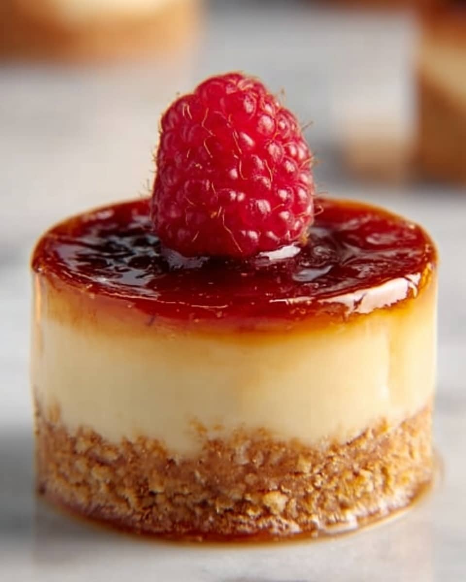 The image shows a small round dessert with three clear layers, sitting on a white marbled surface. The bottom layer is a crumbly brown crust. Above it is a thick, smooth, creamy white middle layer. The top layer is a shiny caramel glaze that looks golden brown and slightly crispy. A single fresh red raspberry sits in the center on top of the caramel. The background is softly blurred, showing similar desserts out of focus. photo taken with an iphone --ar 4:5 --v 7