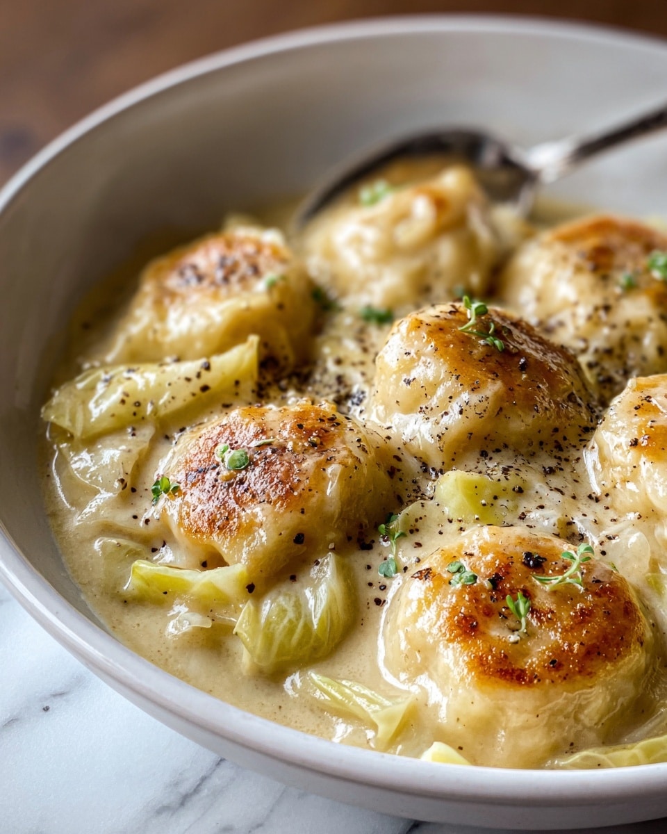 The dish shows a close-up of a white bowl filled with soft, golden-brown dumplings in a creamy, pale yellow sauce. The dumplings have a smooth, slightly shiny texture with browned spots on top. The sauce covers the dumplings, looking thick and rich, with herbs and black pepper sprinkled evenly over the surface. Around the dumplings are some light green, soft cabbage pieces partially mixed with the sauce. A metal spoon is placed inside the bowl, resting on the edge. The scene is set on a white marbled texture. photo taken with an iphone --ar 4:5 --v 7