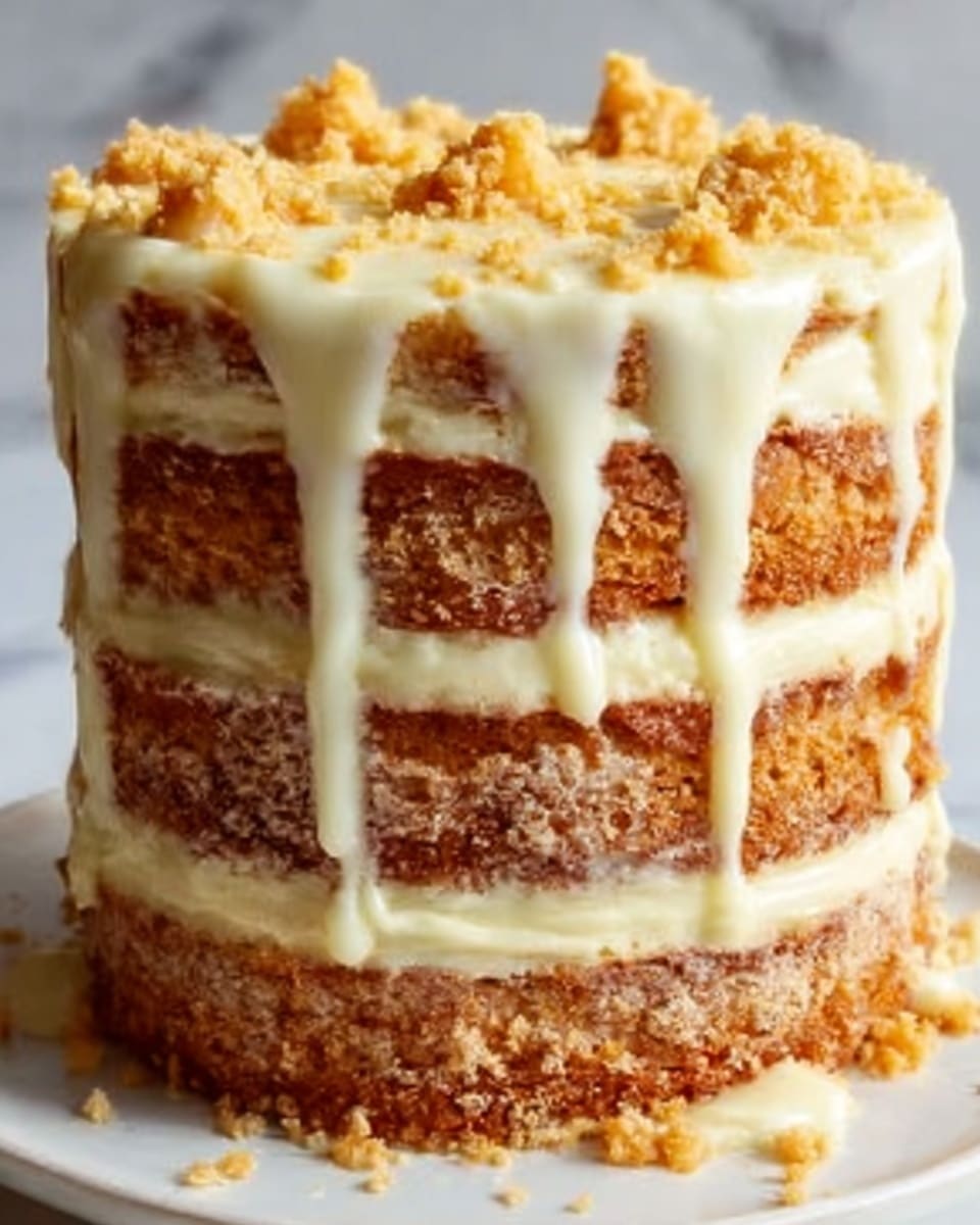 A close-up of a three-layered cake with thick, light brown crumbly sponge layers alternating with thick, creamy white frosting layers. The top layer is covered with smooth white frosting that drips down the sides in thick streams. There are small crunchy orange crumbs scattered on top and around the base of the cake. On top, three pieces of pale yellow pineapple chunks are stacked in the center. The cake sits on a white plate against a white marbled background. photo taken with an iphone --ar 4:5 --v 7