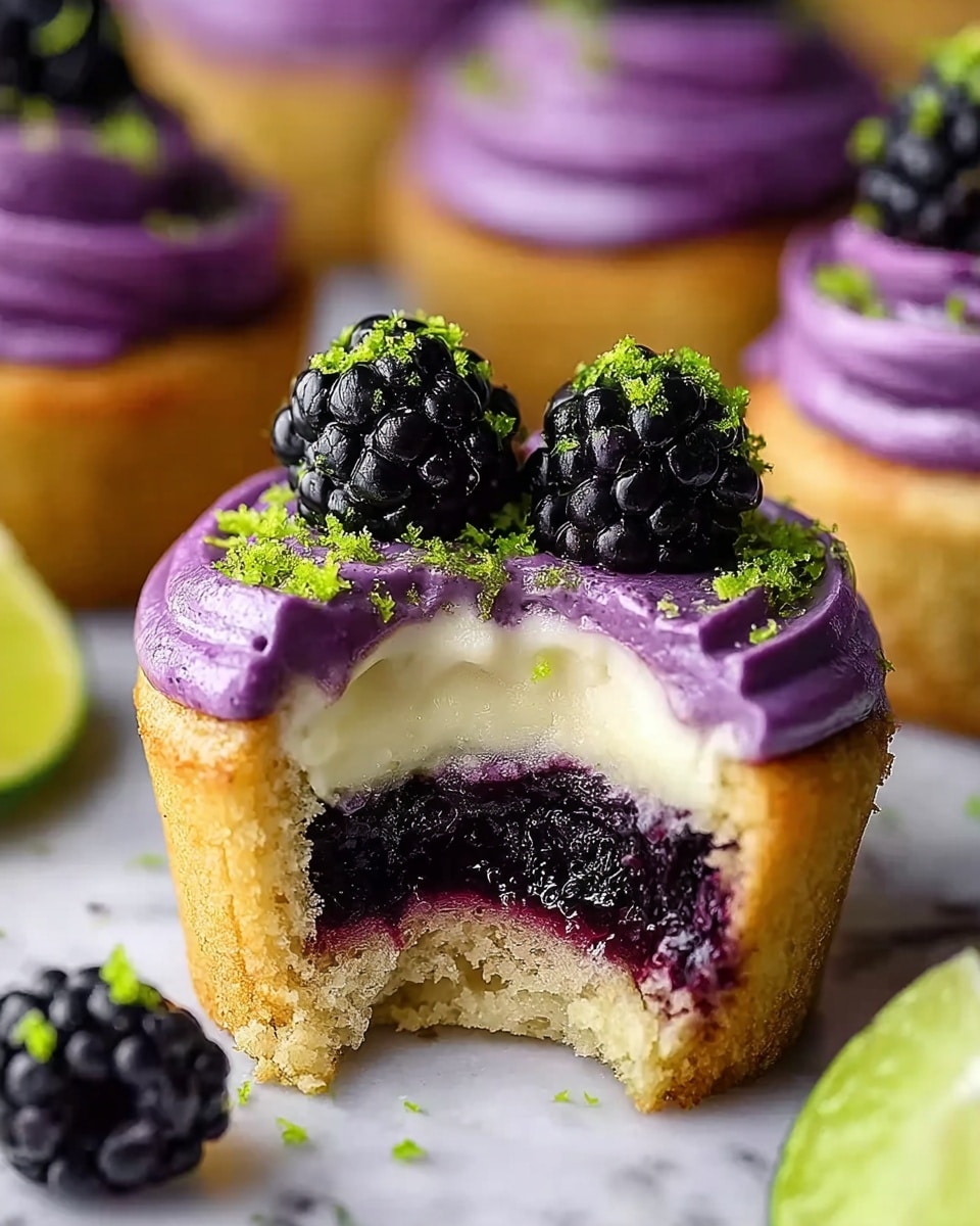 The image shows a close-up of a small cupcake with three visible layers. The bottom layer is a golden brown cake base that looks soft with a moist texture. Above the cake, there is a thick dark purple jam or fruit filling, rich in color and slightly glossy. The middle layer is creamy white, smooth, and thick, resembling a custard or cream. The top layer is a shiny violet-purple frosting that is swirled and glossy, covering the cream and part of the cake edges. On top of the cupcake, there are two fresh blackberries with a deep black color and shiny surface, sprinkled lightly with grated green zest. The cupcake is placed on a white marbled surface with more blurred cupcakes in the background. photo taken with an iphone --ar 4:5 --v 7