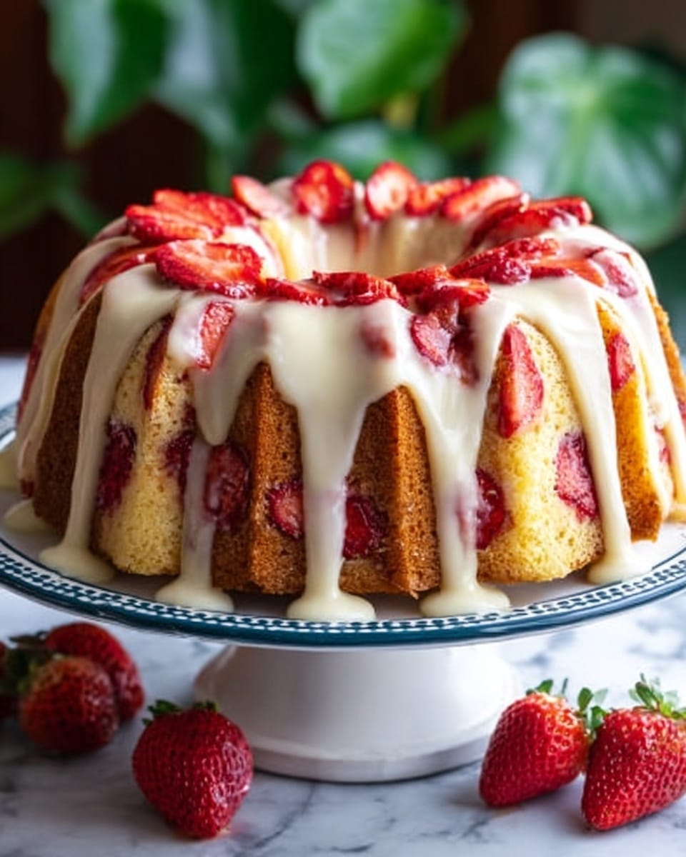The image shows a round, bundt-shaped cake on a white decorative cake stand with a blue pattern. The cake has multiple layers of yellow sponge with fresh red strawberry slices embedded inside the cake all around. White icing smoothly covers the top and drips down the sides, partially covering the strawberries and the golden yellow sponge beneath. Around the base of the cake, several whole strawberries are placed on a wooden surface. The background is a soft-focus green plant and a white marbled texture surface. photo taken with an iphone --ar 4:5 --v 7