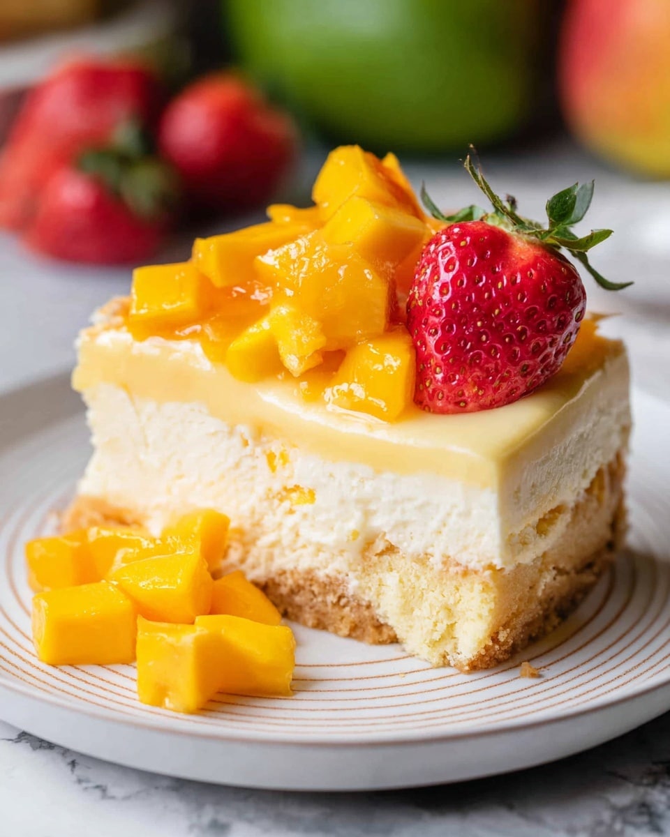 A slice of three-layer mango dessert sits on a white plate with subtle stripes. The bottom layer is a dense, light yellow cake with a slightly spongy texture. Above it is a smooth, creamy light yellow layer that looks soft and custard-like. The top layer is made of small cubes of bright orange mango pieces, arranged evenly and topped with a fresh red strawberry half with visible seeds and green leaves. Extra mango cubes are placed around the slice on the plate. The background shows an indistinct white marbled surface with blurred green mangoes and a red fruit. Photo taken with an iphone --ar 4:5 --v 7