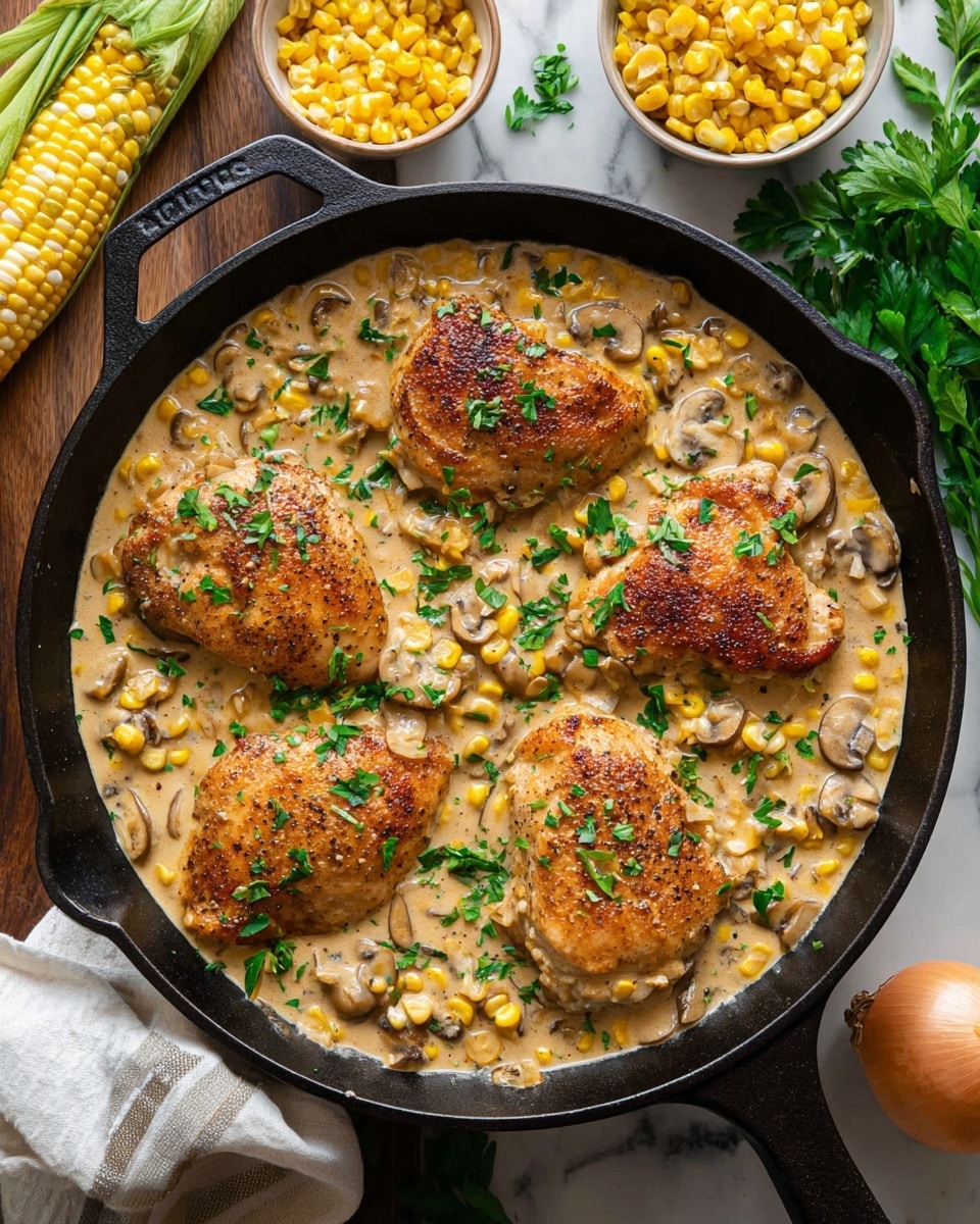 A black skillet filled with four browned chicken breasts sitting on top of a creamy light beige sauce with visible pieces of corn and mushrooms mixed in. The chicken is garnished with fresh green parsley leaves, and there are extra yellow corn kernels scattered on the sauce and chicken. Around the skillet, there are small white bowls with corn and parsley and fresh corn on the cob, all placed on a white marbled surface. photo taken with an iphone --ar 4:5 --v 7