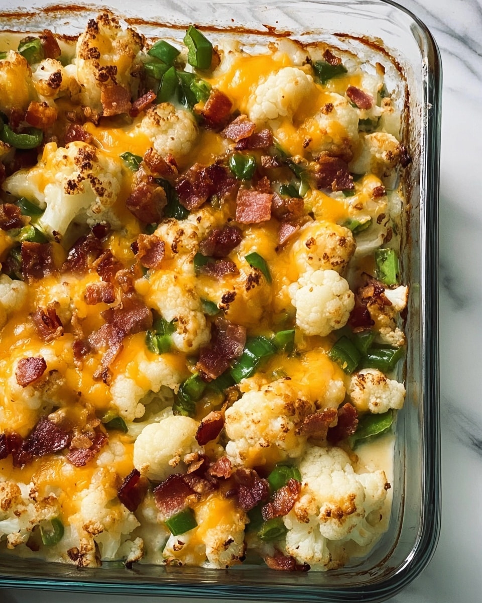 The image shows a baked casserole dish with three main layers visible through the clear glass. The bottom layer is mostly white with some browned spots, likely cauliflower pieces that have been cooked. The middle layer has melted cheese that is golden yellow, unevenly spread and bubbling slightly. The top layer includes small green slices of bell pepper and crispy, browned bacon bits scattered throughout. The edges of the casserole dish are slightly browned and the dish itself is placed on a white marbled texture. photo taken with an iphone --ar 4:5 --v 7
