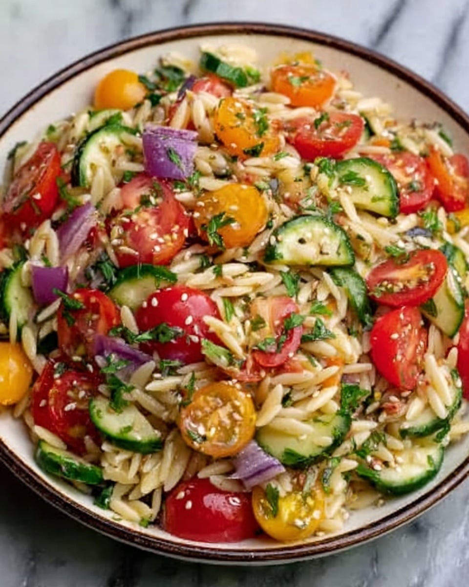 A white plate filled with a colorful salad made up of three main layers: the bottom layer has green zucchini slices, the middle layer shows halved red and yellow cherry tomatoes, and the top layer includes thin slices of red onion, small corn pieces, and finely chopped fresh herbs, all mixed together. The textures range from crunchy vegetables to juicy tomatoes, with a light sprinkling of seeds or spices on top. The plate sits on a white marbled surface. Photo taken with an iphone --ar 4:5 --v 7