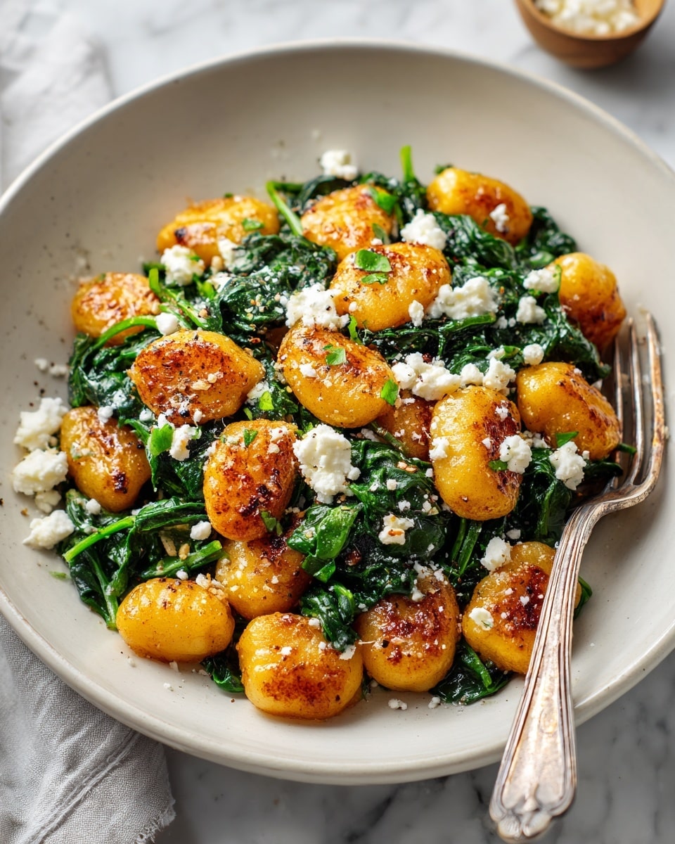 The image shows a bowl filled with golden brown pan-fried gnocchi, arranged in a loose pile with a few bright green wilted spinach leaves mixed throughout. Crumbled white cheese is scattered over the top, adding contrast against the warm tones of the gnocchi and the deep greens of the spinach. The gnocchi have a crispy texture on the outside. A silver fork rests on the right side of the bowl, which is white with a light beige speckled pattern. The bowl sits on a soft beige fabric over a white marbled surface. Photo taken with an iphone --ar 4:5 --v 7