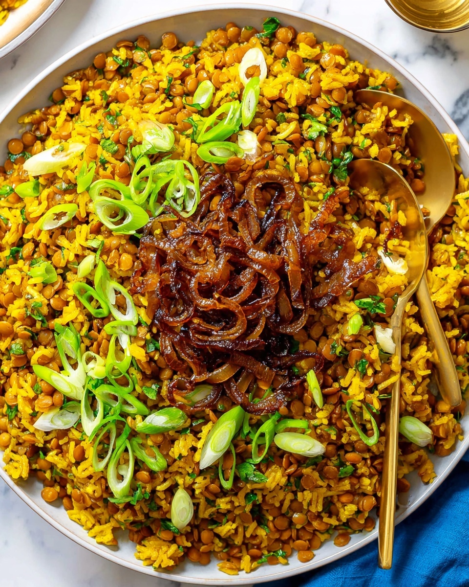 A large white bowl filled with a vibrant yellow-orange rice and lentil dish, mixed with small green herbs scattered throughout. At the center on top, there is a neat layer of caramelized dark brown onions, adding texture and contrast. Sliced fresh green onions are sprinkled over part of the dish, breaking up the golden tones with bright green and white rings. A gold spoon is partially buried in the rice on the right side of the bowl. The bowl sits on a white marbled surface, with some green onions and a blue cloth visible near the bowl. Photo taken with an iphone --ar 4:5 --v 7