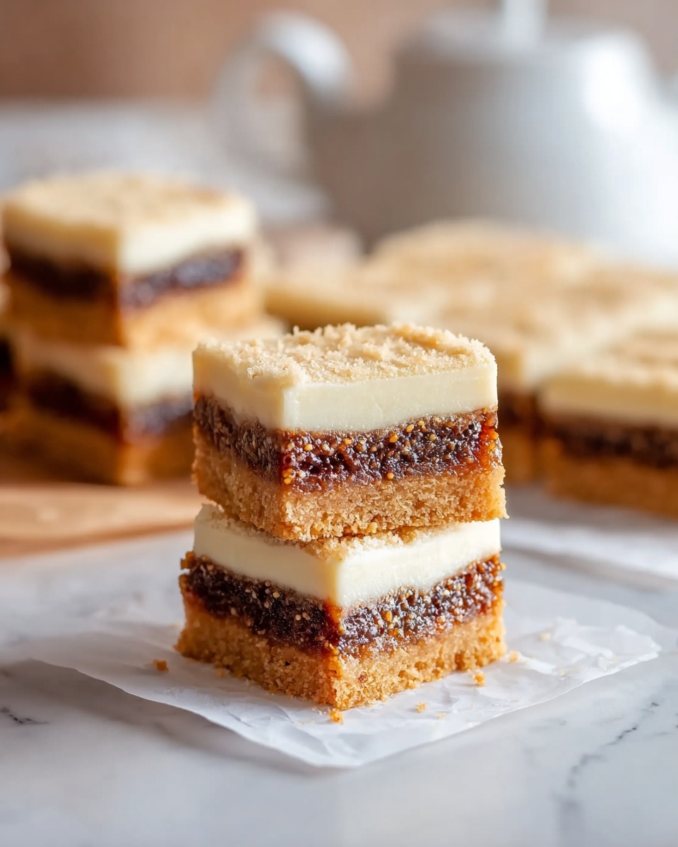 The image shows two square pieces of dessert stacked on top of each other on a white parchment paper. Each piece has three layers: a bottom light golden brown crust layer with a crumbly texture, a middle dark brown fig filling with a slightly sticky and seedy texture, and a top creamy white layer that looks smooth and thick. In the softly blurred background are more squares of the same dessert, and a white teapot is partly visible. All items are placed on a white marbled surface. photo taken with an iphone --ar 4:5 --v 7