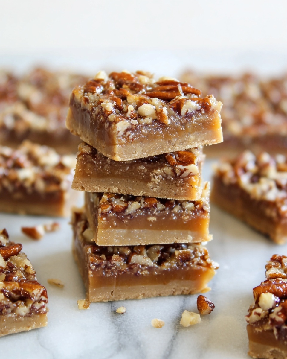 The image shows a stack of four square nut bars on a white marbled surface. Each bar has three layers: the bottom is a solid, light brown crust; the middle is a smooth, caramel-colored filling; and the top is a textured layer of chopped, golden brown nuts, mostly pecans, giving a rough, crunchy look. Around the stack, there are more square nut bars and small nut pieces scattered on the surface. The lighting highlights the glossy texture of the caramel and the roughness of the nuts. Photo taken with an iphone --ar 4:5 --v 7