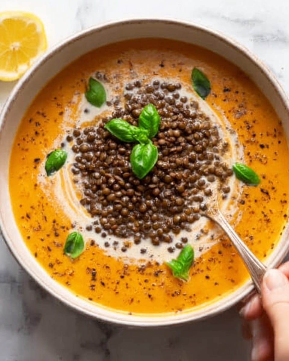 A white bowl filled with a creamy orange soup as the base layer, topped with a mound of cooked lentils that are dark brown with a slightly coarse texture. The soup has a drizzle of cream forming a light swirl pattern around the lentils. A small sprig of fresh green basil leaves is placed on top of the lentils. A spoon rests inside the bowl on the left side, and the bowl sits on a white marbled surface with two yellow lemons and some green herbs placed around for decoration. photo taken with an iphone --ar 4:5 --v 7