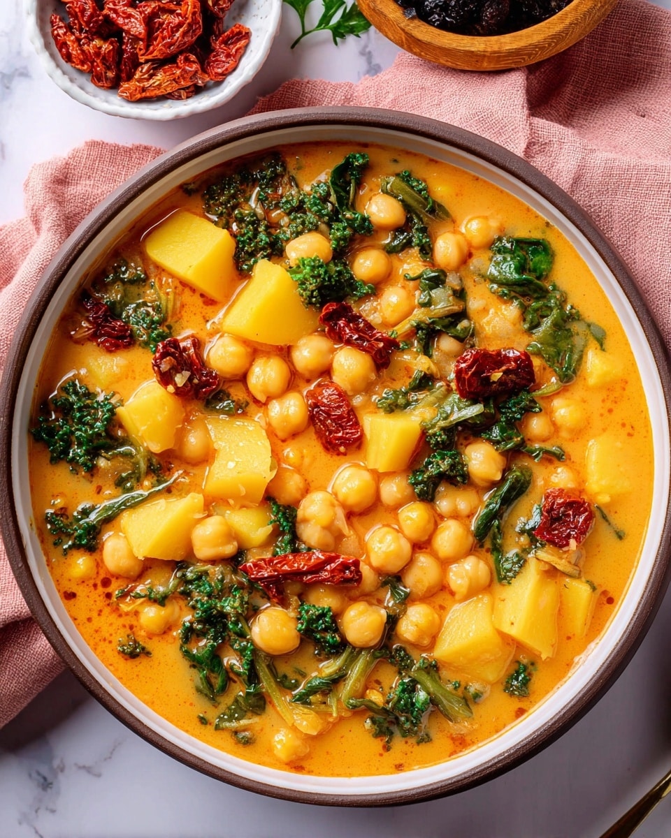A deep white bowl filled with a thick orange soup containing chickpeas, chopped yellow potatoes, dark green kale leaves, and pieces of reddish-brown sun-dried tomatoes evenly mixed throughout. The soup looks creamy with a smooth texture and the ingredients are well-coated. The bowl is placed on a white marbled surface with a light pink cloth partially visible on the side, and a smaller white bowl holding more sun-dried tomatoes next to it. photo taken with an iphone --ar 4:5 --v 7