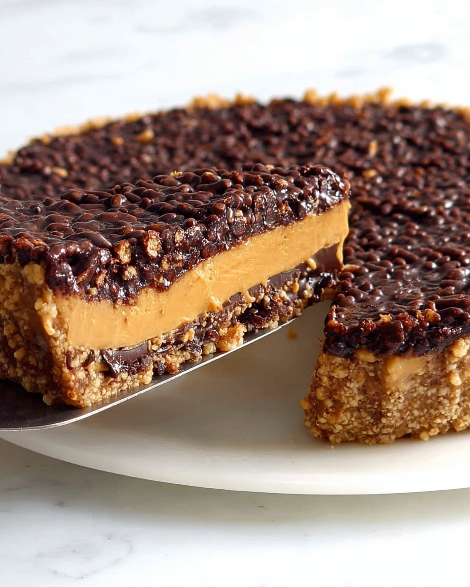 A close-up of a tart with a crumbly golden crust that forms the thick base and edges. Inside, there are two clear layers: the bottom layer is smooth and creamy with a light brown color, and the top layer is dark chocolate with a textured surface made of crunchy bits mixed throughout. One slice is lifted, showing the clean cut between the layers and the crunchy texture on top. The tart sits on a white surface with a white marbled texture in the background. photo taken with an iphone --ar 4:5 --v 7