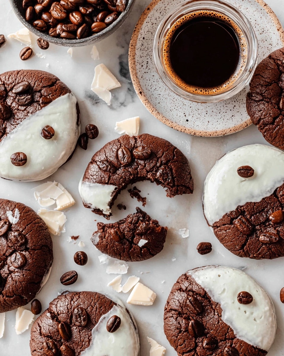 The image shows several round chocolate cookies, each half dipped in smooth white icing, arranged over a white marbled surface. The cookies have a cracked, dark brown texture, and the white icing half is glossy and slightly uneven. Each cookie is topped with three dark brown coffee beans, adding a shiny, textured detail. Some cookies are whole, while others are broken to reveal a moist, dense interior. Scattered around are extra coffee beans and thin white chocolate shavings. On the left side, there's a white speckled plate holding a small glass cup of espresso with golden brown crema on top, surrounded by more coffee beans. photo taken with an iphone --ar 4:5 --v 7