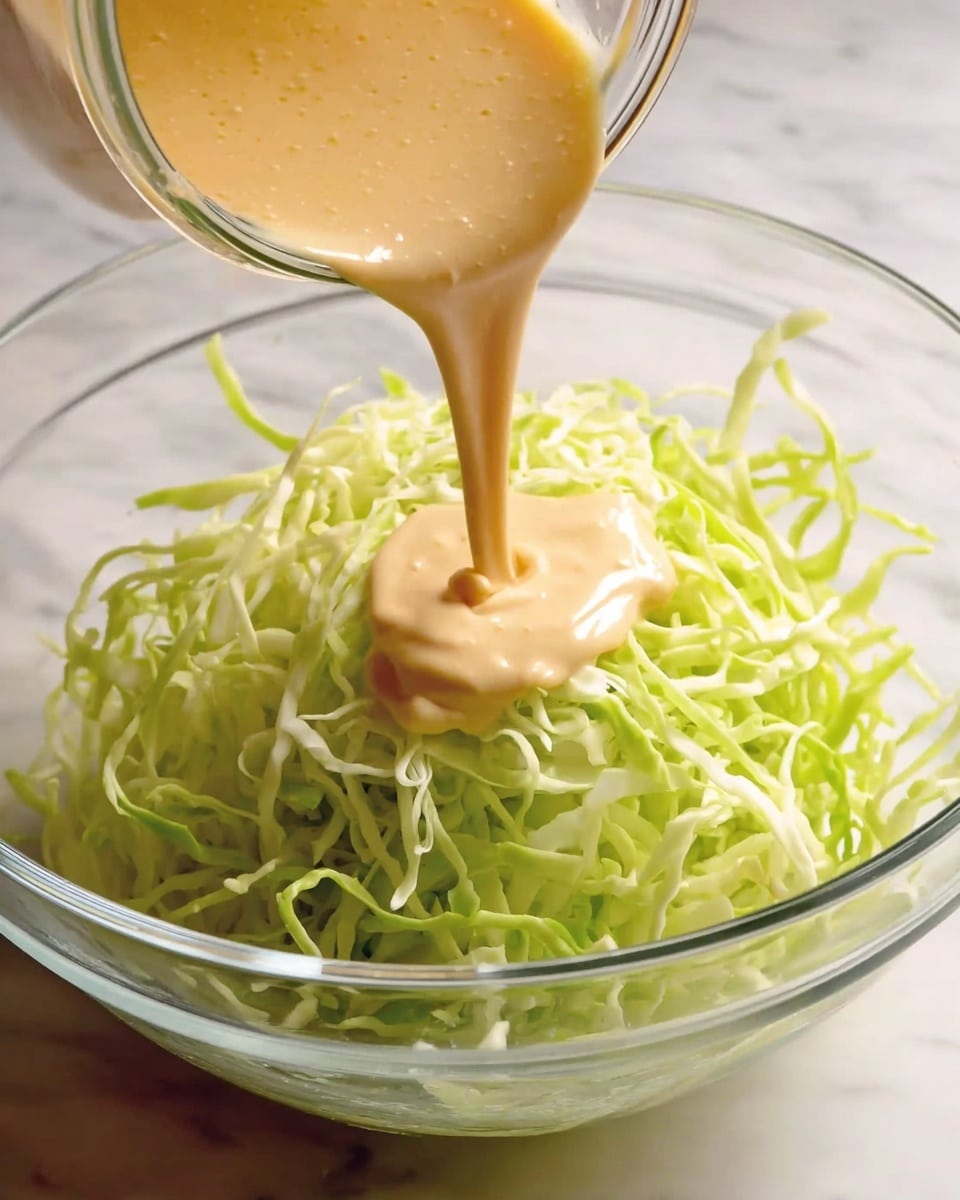 A clear glass bowl filled with thin, light green shredded cabbage forms the base layer, showcasing a fresh and crunchy texture. From above, a thick, smooth, peach-colored dressing is being poured over the cabbage from a transparent container, creating a flowing motion with small bubbles visible in the dressing. The scene is set on a white marbled surface, highlighting the vibrant colors and textures of the cabbage and dressing. photo taken with an iphone --ar 4:5 --v 7