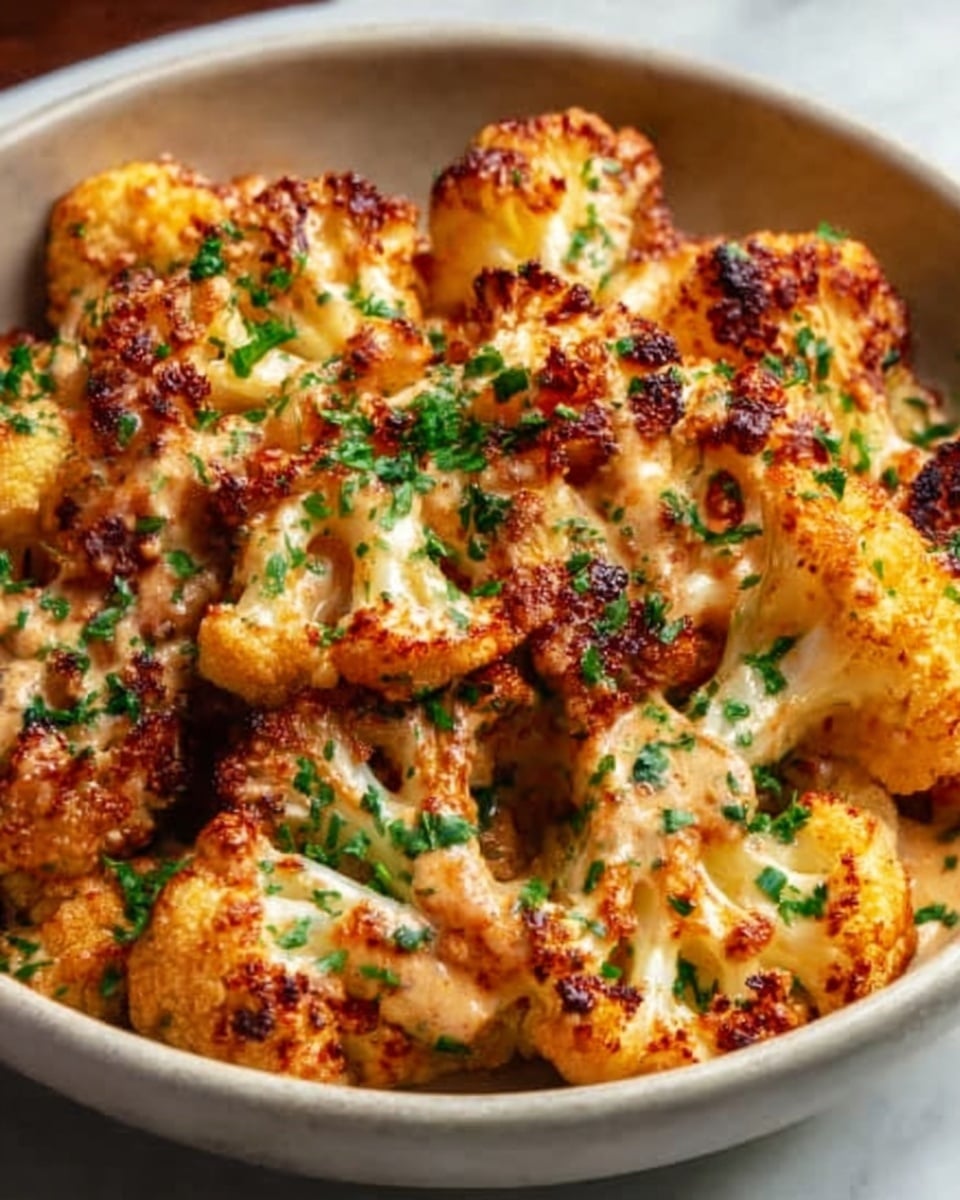 A close-up of roasted cauliflower served in a white bowl, with the cauliflower pieces showing a mix of golden brown and crispy charred spots on their surface. The dish is sprinkled with finely chopped green herbs, adding a fresh touch on top. The cauliflower pieces vary in size and are layered naturally as they fill the bowl. The background is a white marbled texture. photo taken with an iphone --ar 4:5 --v 7