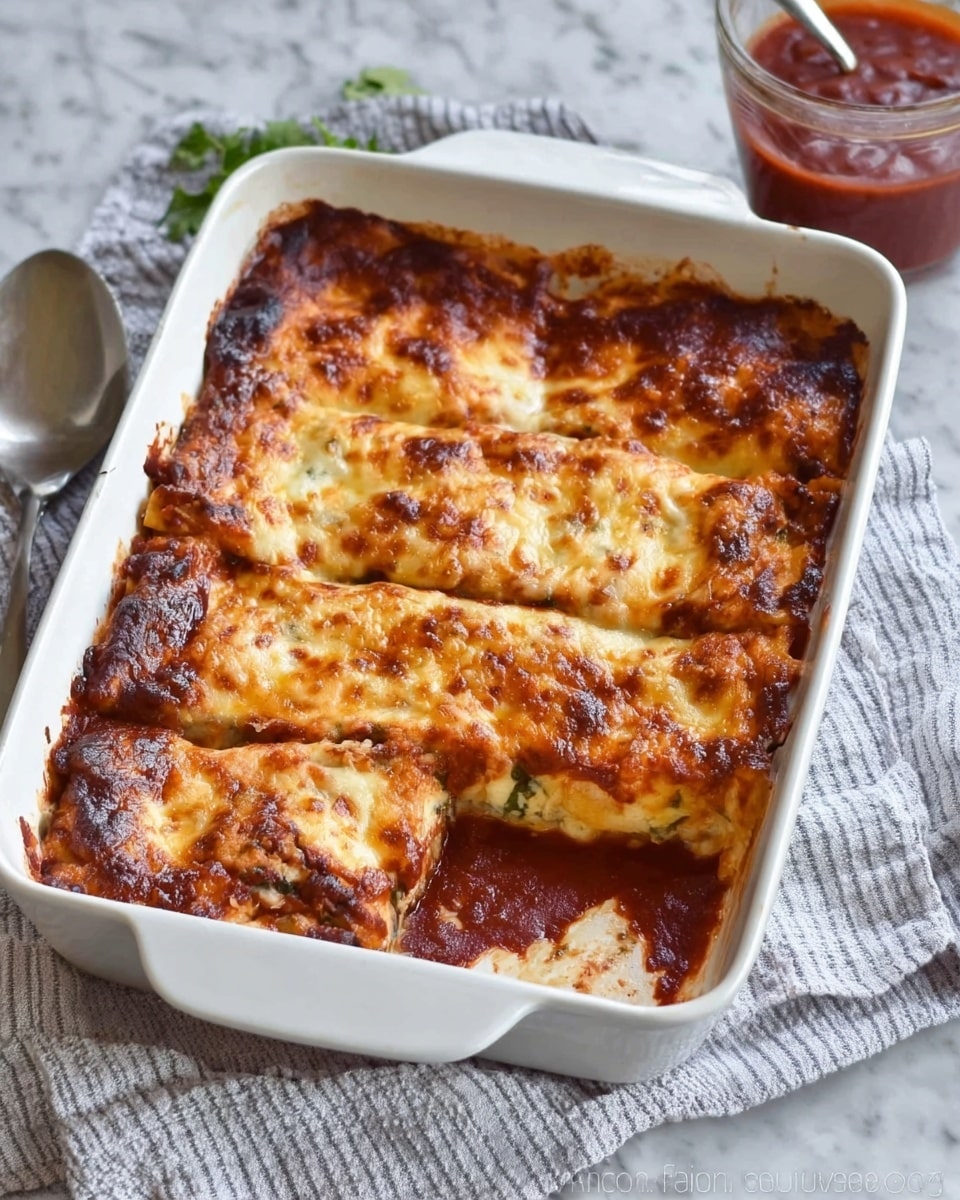 A white baking dish filled with a baked dish that has five golden brown cheese-topped pieces arranged in two rows, with a rich, dark red sauce visible around the edges and between the pieces. The melted cheese topping has slightly browned spots and a bubbly texture, covering a likely layered interior beneath. The baking dish rests on a white marbled surface with a striped white and gray cloth partially beneath it. In the background, there is a glass jar filled with a similar dark red sauce and a silver spoon lying on the surface. photo taken with an iphone --ar 4:5 --v 7