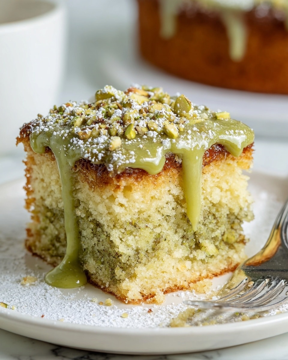 A close-up image of a single slice of cake on a white plate with a silver fork on the right side. The cake has three visible layers: the bottom layer is golden brown and slightly crisp, the middle layer is darker greenish with a moist texture, and the top layer is light golden and crumbly. On top, a thick, pale green glaze drips down the sides, sprinkled with small green nuts and a dusting of white powdered sugar. The plate sits on a white marbled surface with scattered powdered sugar. In the blurry background, there is a row of similar cake slices. Photo taken with an iphone --ar 4:5 --v 7