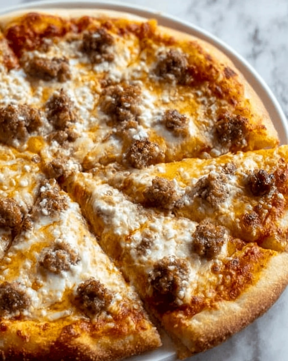 A close-up view of a pizza with a golden brown crust, topped with melted cheese spread evenly across the surface. Scattered on top are small chunks of cooked ground meat, which are a light brown color with a slightly crispy texture. The cheese layer beneath the meat shows slightly browned spots, indicating it was baked to a bubbly, soft texture. The pizza is sliced into wedges, showing the thickness of the crust and the layering of cheese and meat. The entire pizza is placed on a white plate over a white marbled surface. Photo taken with an iphone --ar 4:5 --v 7