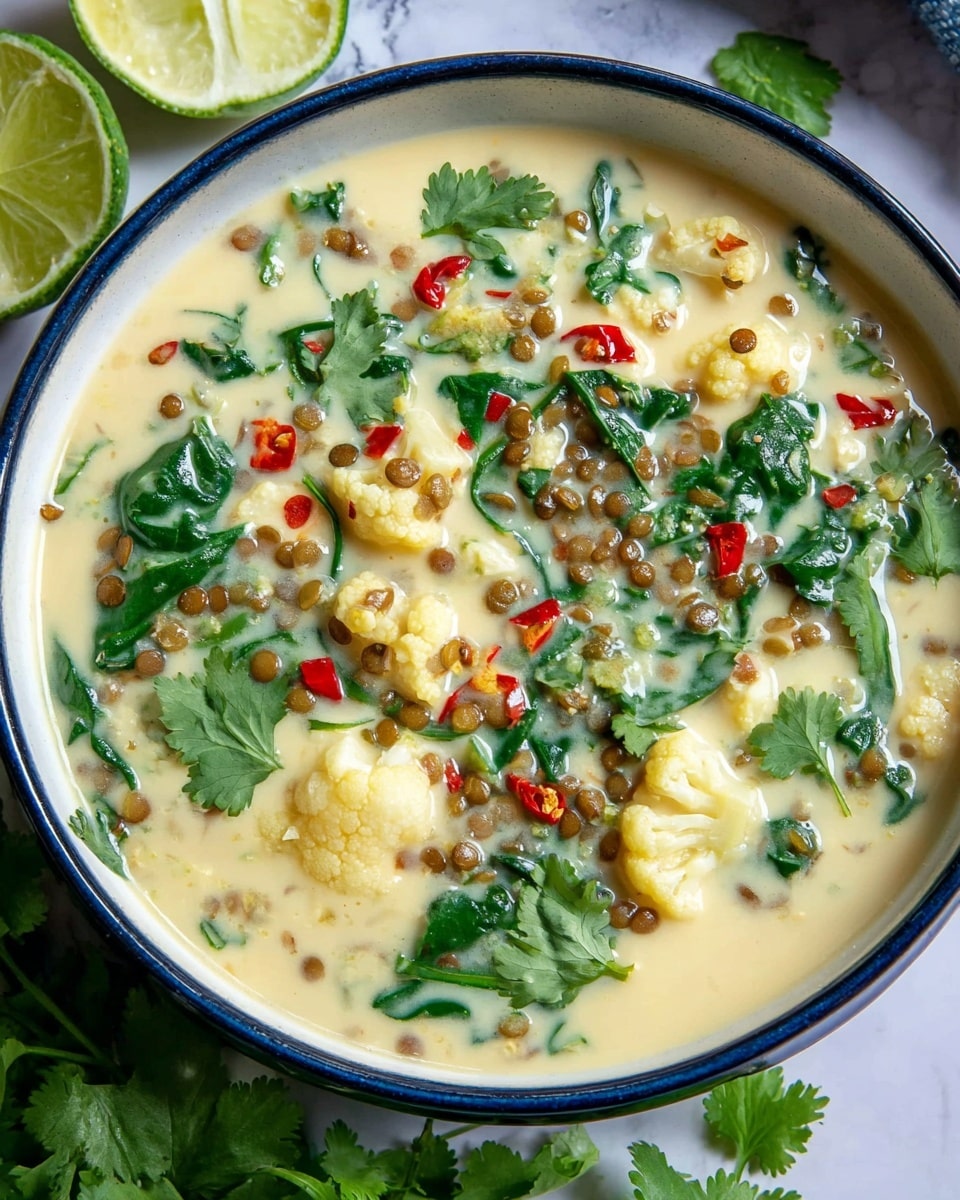 The image shows a white bowl filled with a creamy soup that is light yellow in color. The soup contains several small yellow cauliflower florets, brown lentils, green spinach leaves, and small pieces of red chili scattered throughout. Fresh bright green cilantro leaves are spread on top for garnish. The bowl sits on a white marbled surface with some fresh cilantro and wedges of lime nearby. The soup looks thick and hearty with colorful bits floating in the creamy base. photo taken with an iphone --ar 4:5 --v 7
