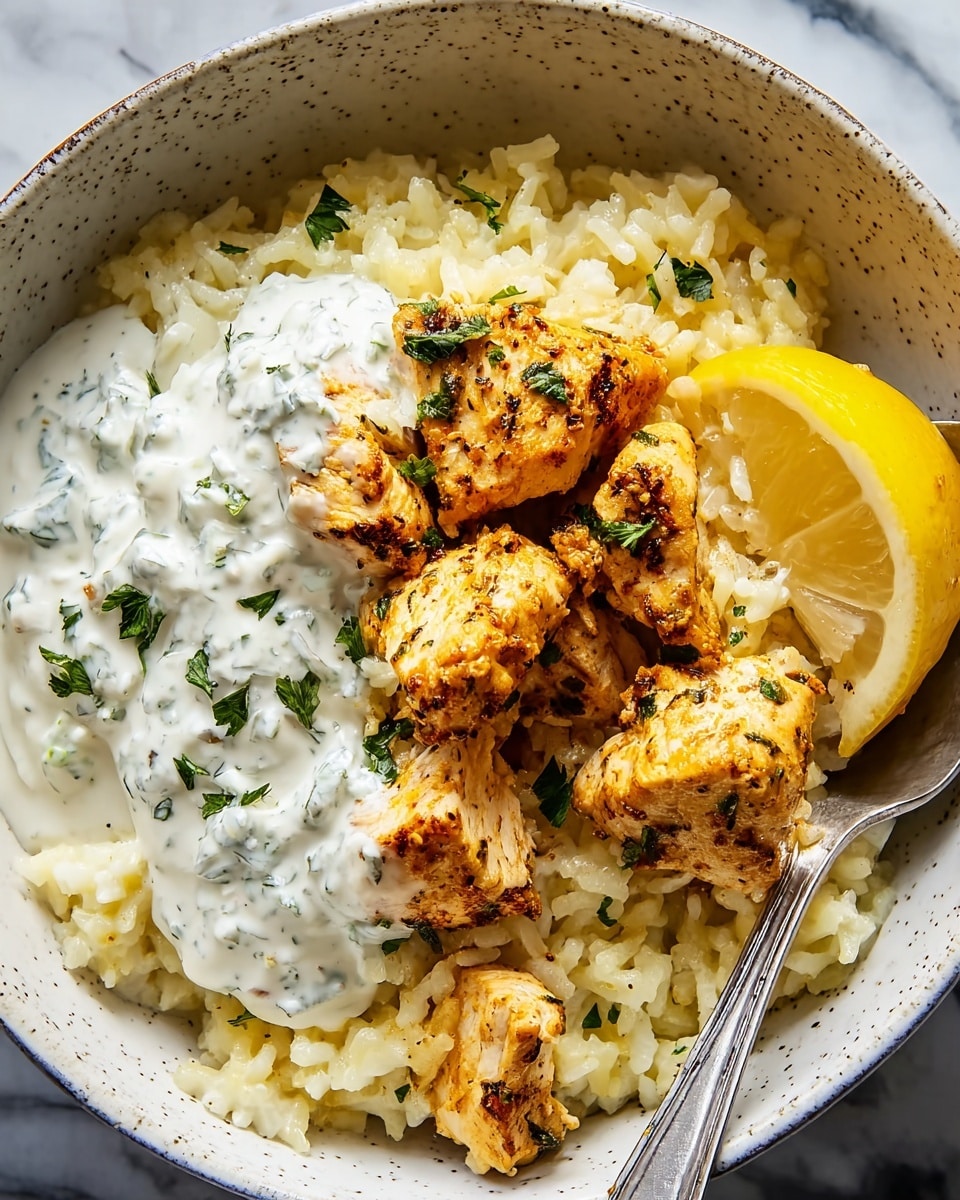 The dish shows a white bowl filled with a base layer of fluffy, creamy yellow rice. On top of the rice, there are several pieces of grilled chicken with a golden-brown color and visible herbs on the surface, adding texture. Next to the chicken, there is a dollop of white sauce with green herbs mixed in, giving it a speckled look. A wedge of bright yellow lemon is placed on the side of the bowl. The bowl sits on a white marbled surface with a spoon partially visible on the left side. Photo taken with an iphone --ar 4:5 --v 7