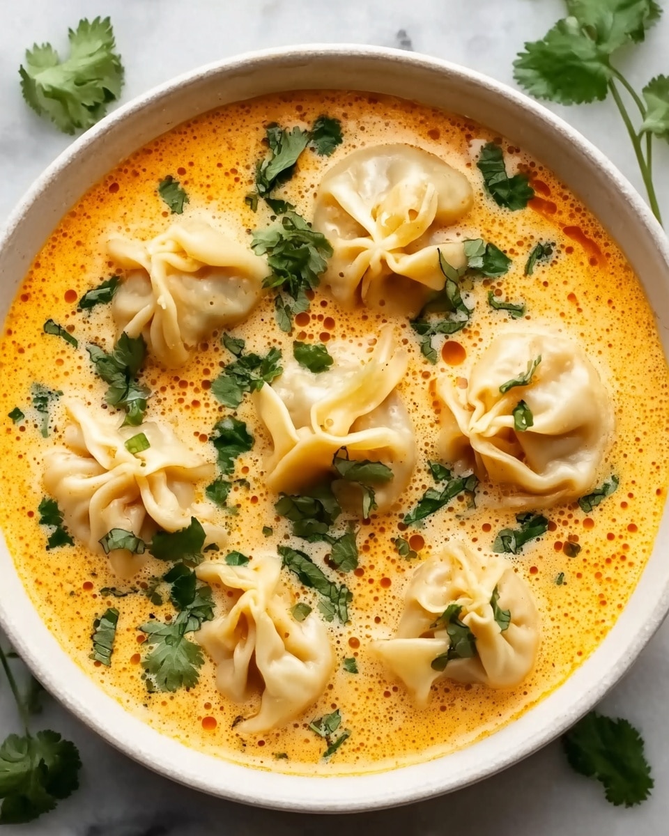 A white bowl filled with a creamy orange soup, with seven dumplings floating on top. Each dumpling is light beige with pleated edges and is arranged spaced around the bowl's center. Sprinkled green herbs and a few black pepper flakes add color contrast on the soup's surface. The bowl sits on a white marbled background. Photo taken with an iphone --ar 4:5 --v 7