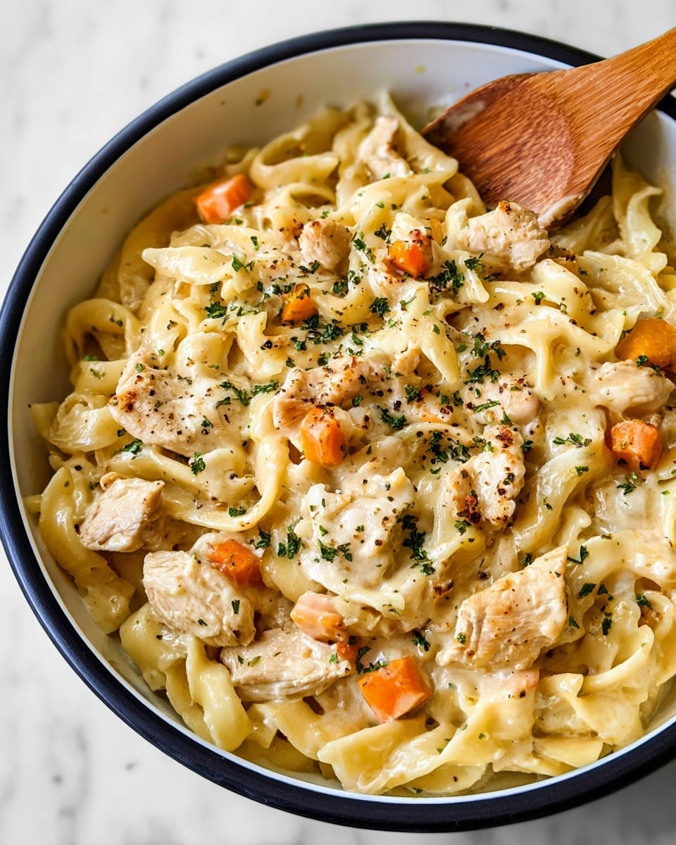 A close-up of a white bowl filled with creamy chicken noodle soup. The dish has three main layers: tender pale yellow noodles with ruffled edges, chunks of cooked light brown chicken pieces, and small bright orange carrot cubes scattered throughout. The soup looks thick and rich with a smooth, creamy light beige sauce coating the noodles and chicken, sprinkled with finely chopped green herbs and black pepper. A wooden spoon rests on the edge of the bowl, partly submerged in the soup. The background shows a white marbled surface. photo taken with an iphone --ar 4:5 --v 7
